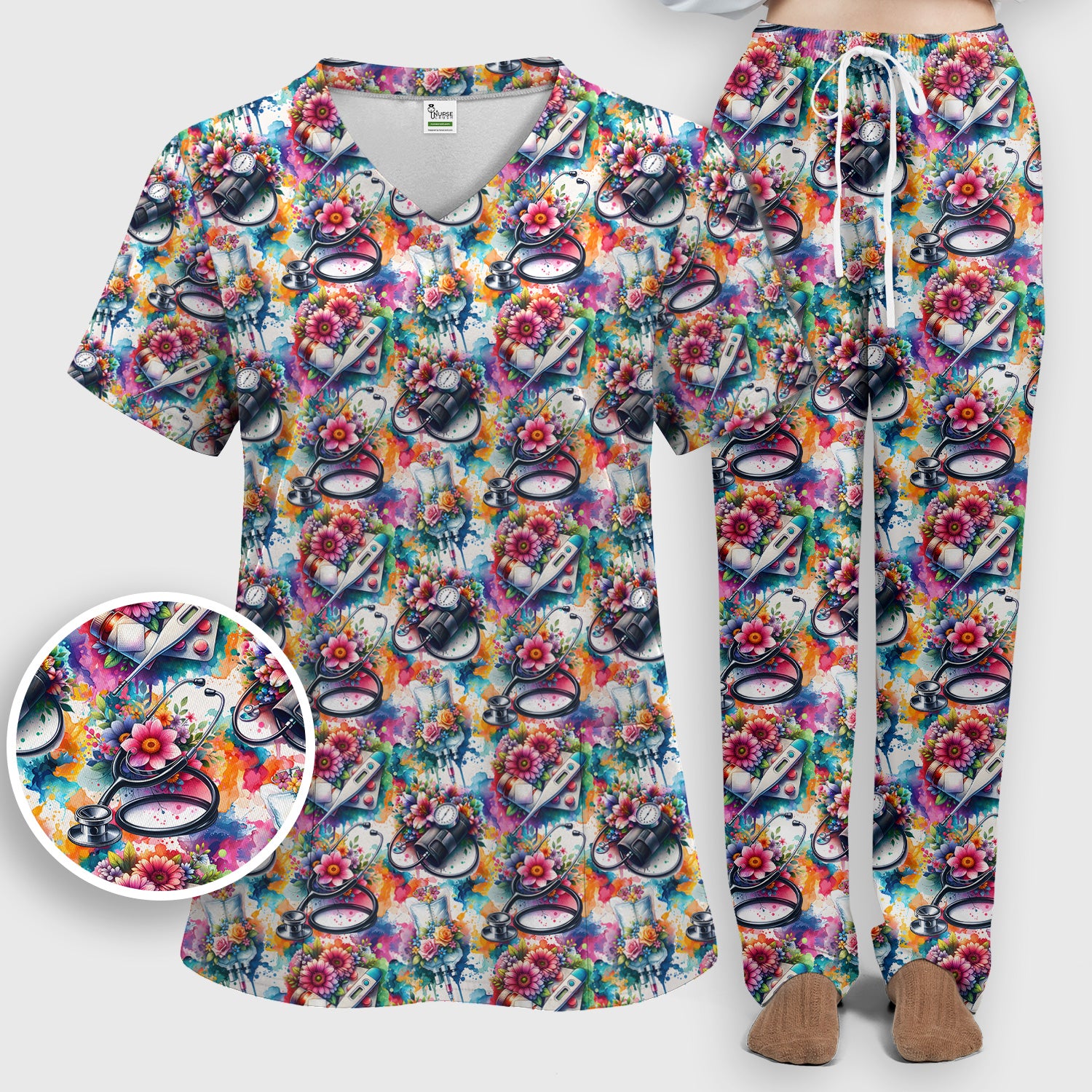Colorful Medical Tools Floral Pattern Scrub Set, Scrub Pants and V Neck Top
