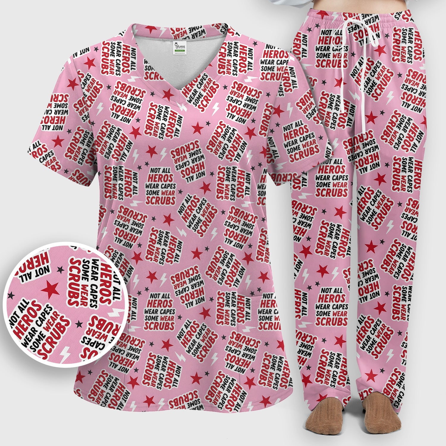Not All Heroes Wear Scrubs Quote Stars Lightning Pattern Scrub Set, Scrub Pants and V Neck Top