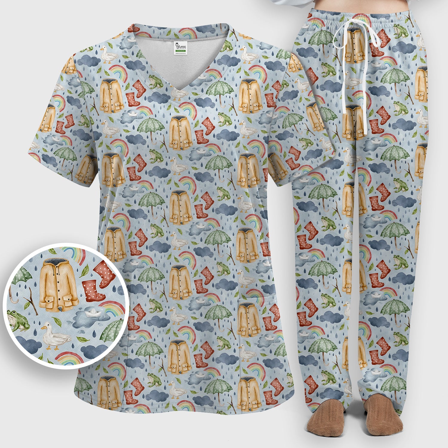Cute Rainy Day Ducks & Frog Rainbow Pattern Scrub Set, Scrub Pants and V Neck Top