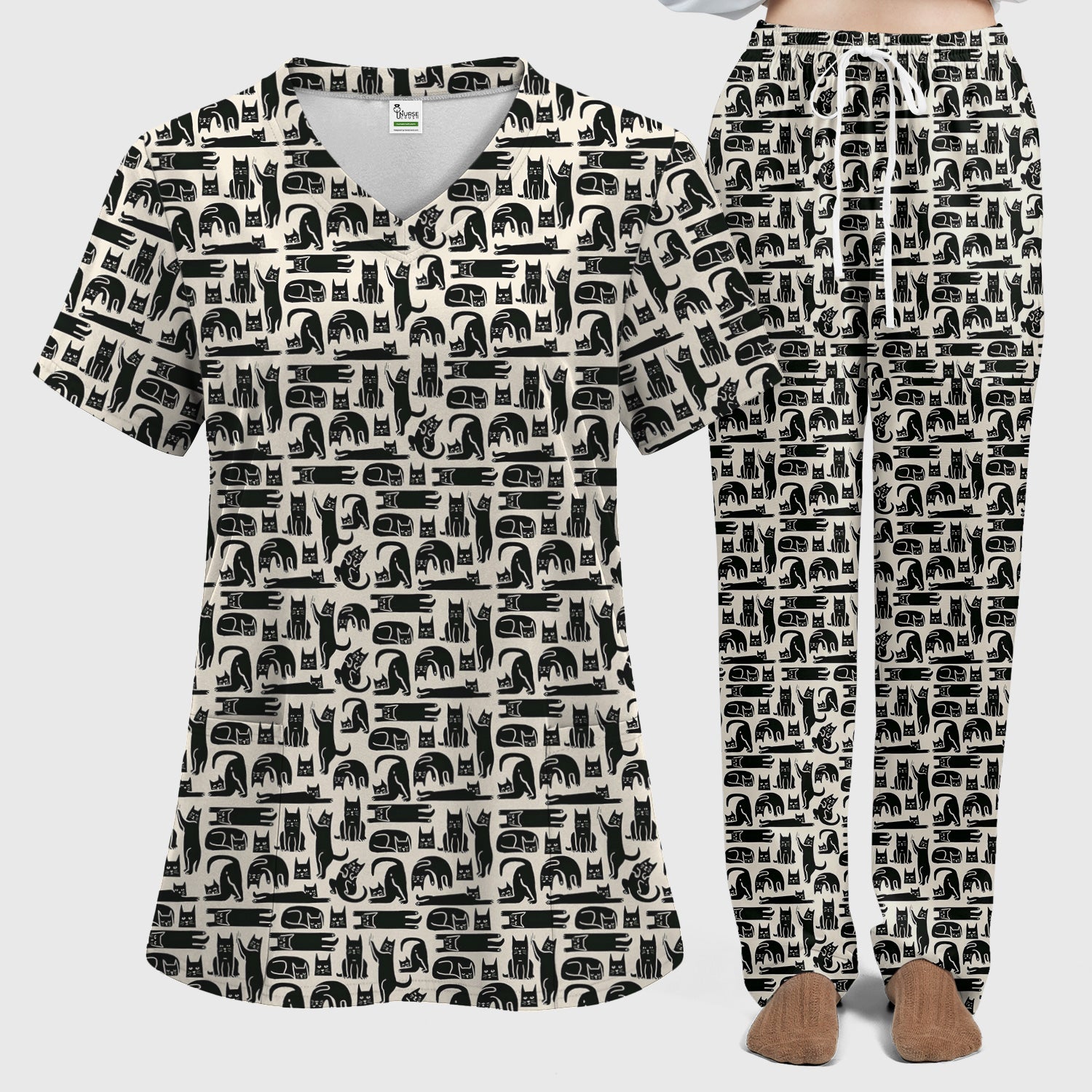 Cute Funny Cat Poses Print Scrub Sets, Scrub Pants and V Neck Top