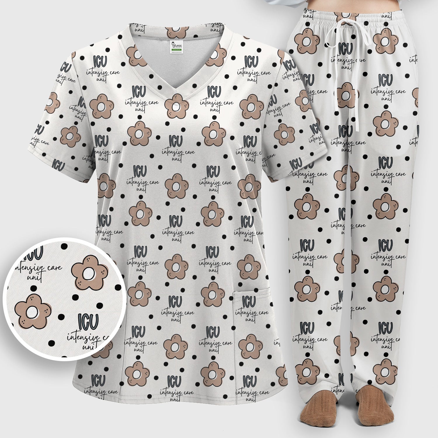 Cute ICU Nurse Flower Polka Dot Pattern Scrub Set, Scrub Pants and V Neck Top