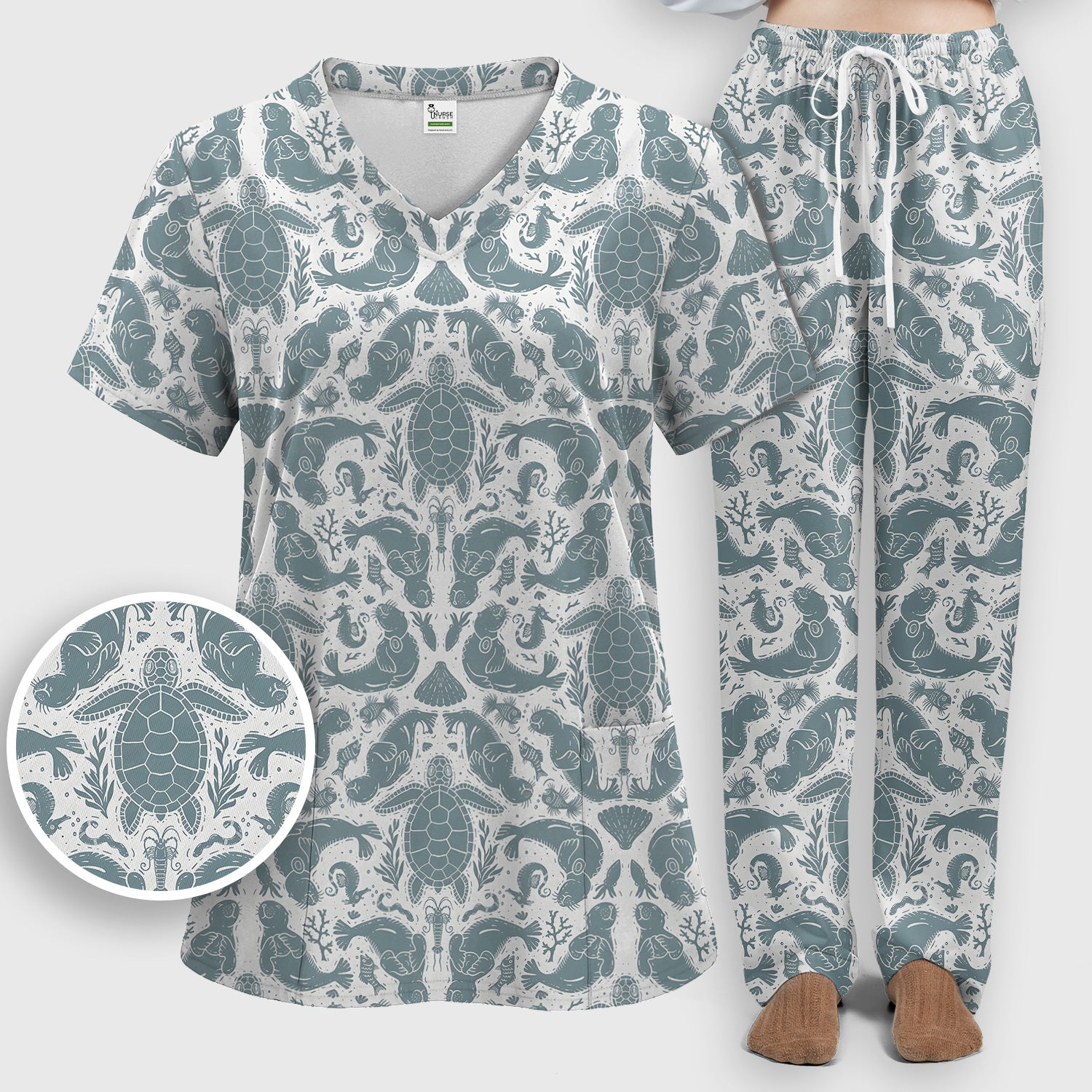 Ocean Sea Marine Life Pattern Scrub Set, Scrub Pants and V Neck Top