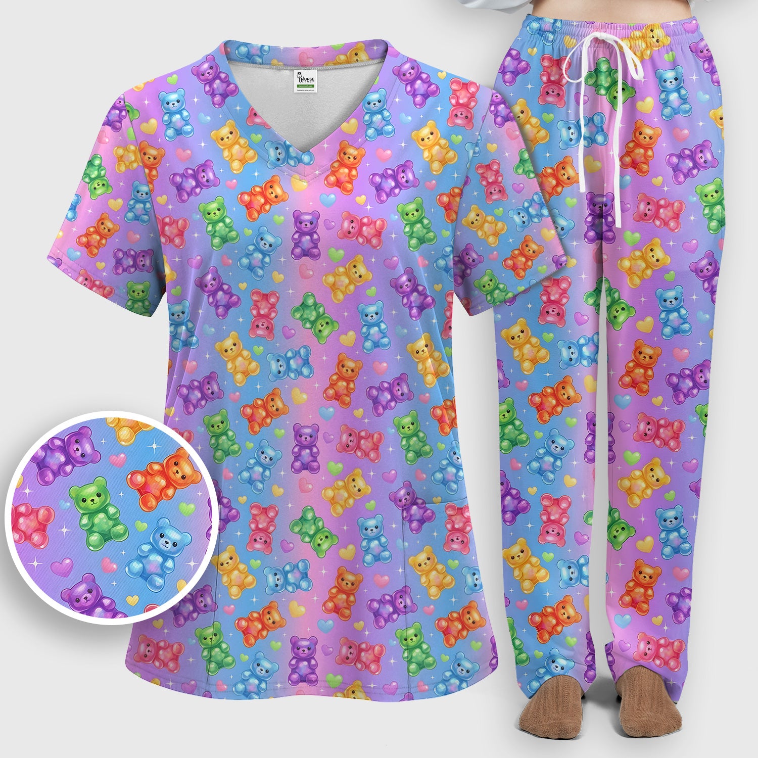 Colorful Gummy Bear Pattern Scrub Set, Scrub Pants and V Neck Top