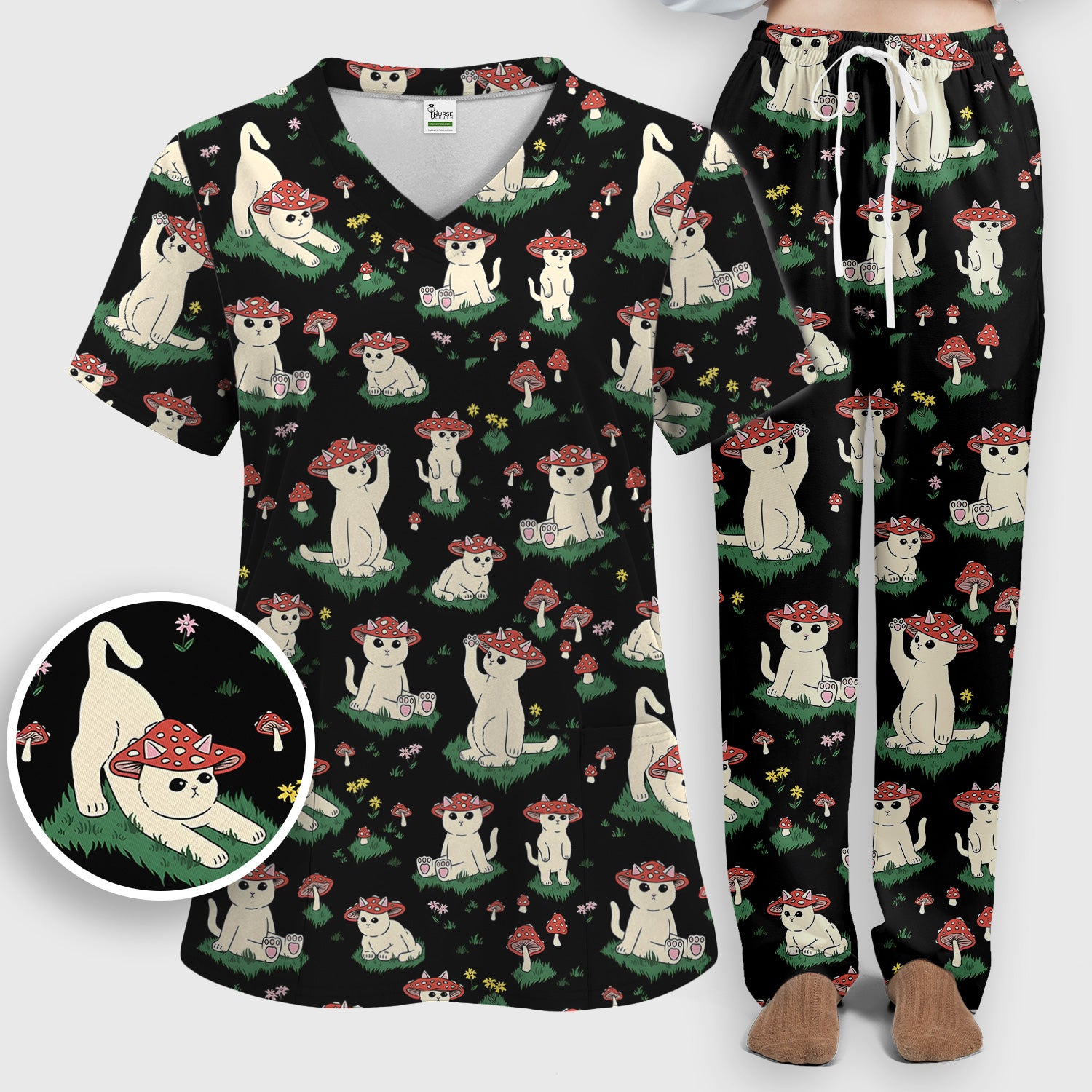 Cute Mushroom Cat Pattern Scrub Set, Scrub Pants and V Neck Top