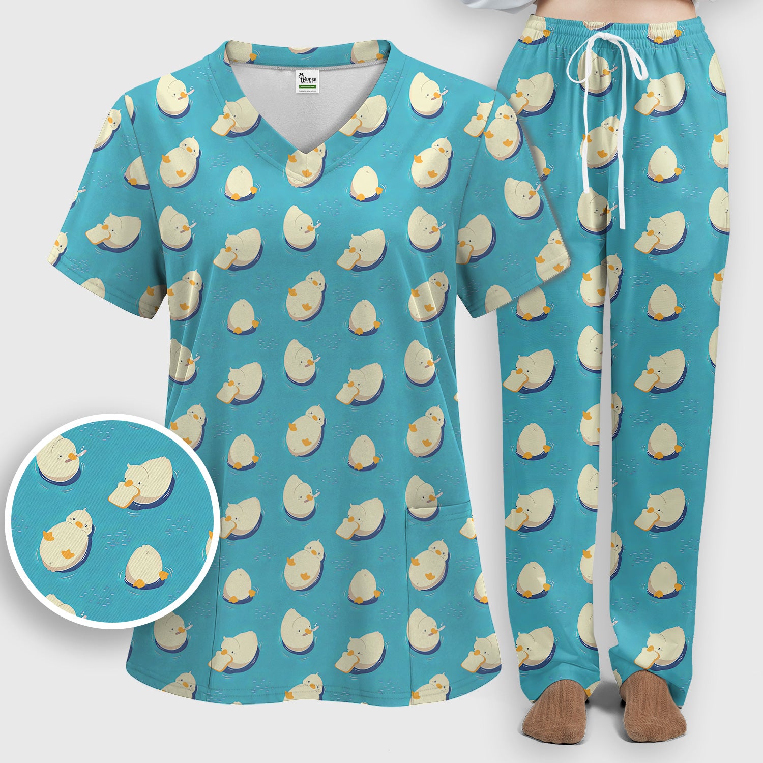 Cute Blue Duck Pond Pattern Scrub Set, Scrub Pants and V Neck Top