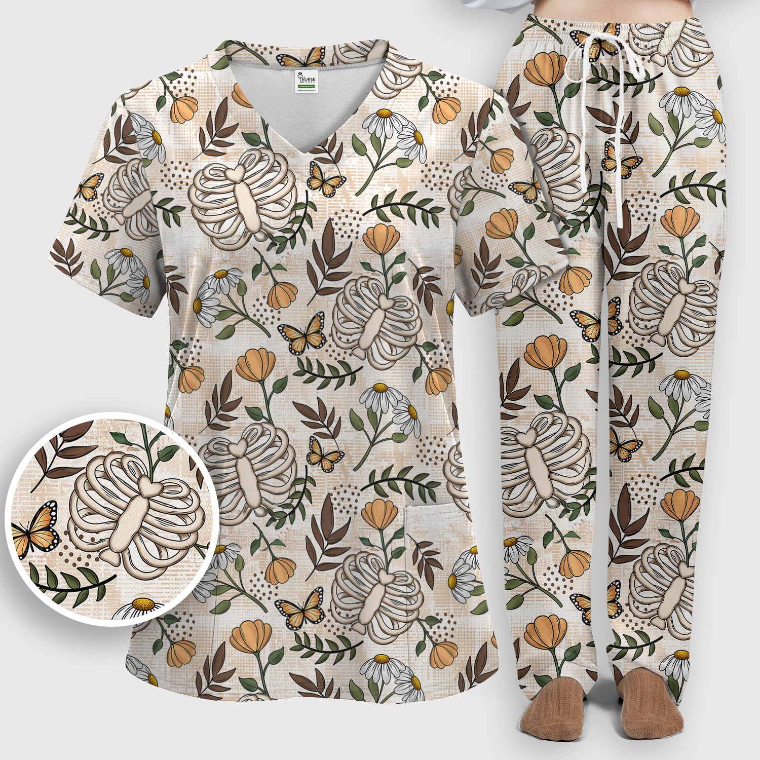 Skeleton Ribcage With Daisy And Butterfly Floral Scrub Set, Scrub Pants and V Neck Top