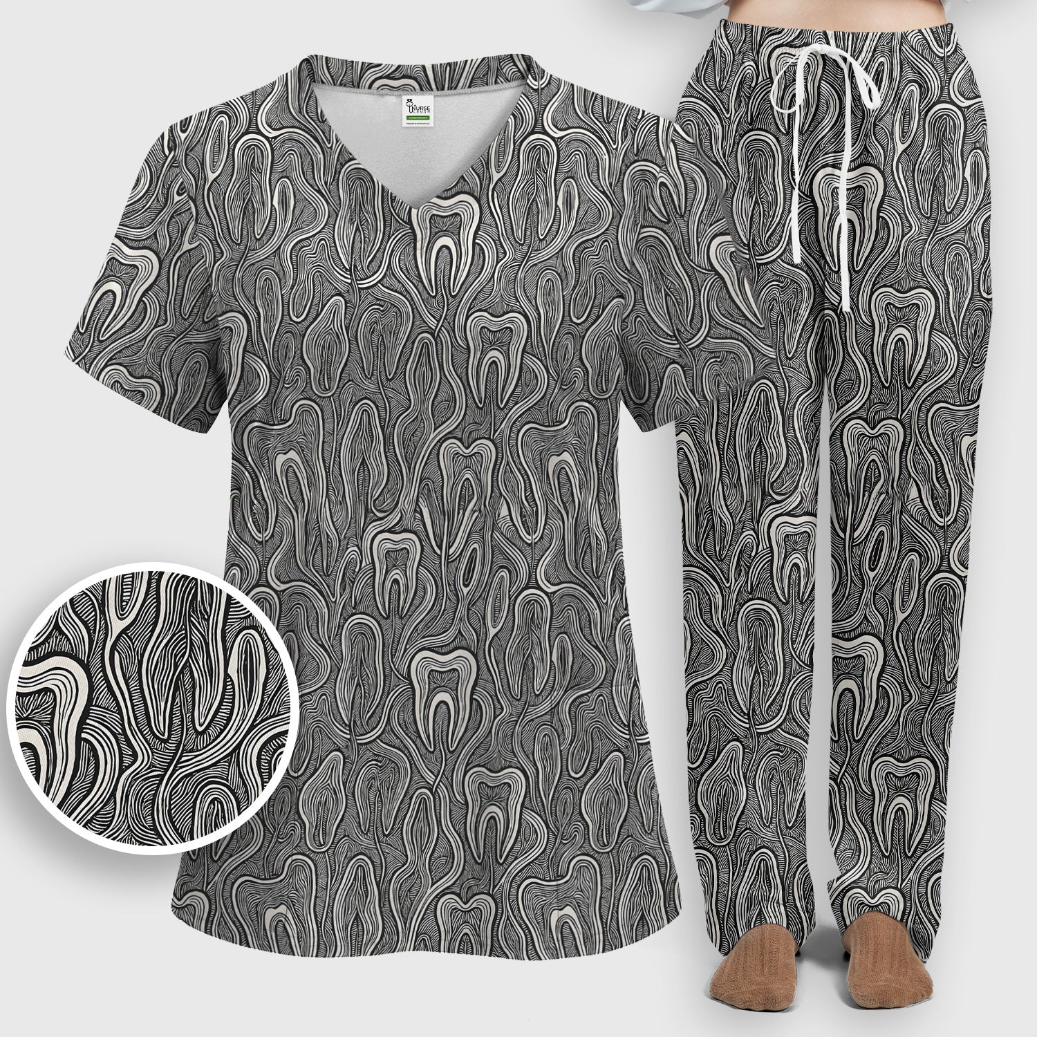 Dental Tooth Line Art Pattern Scrub Set, Scrub Pants and V Neck Top