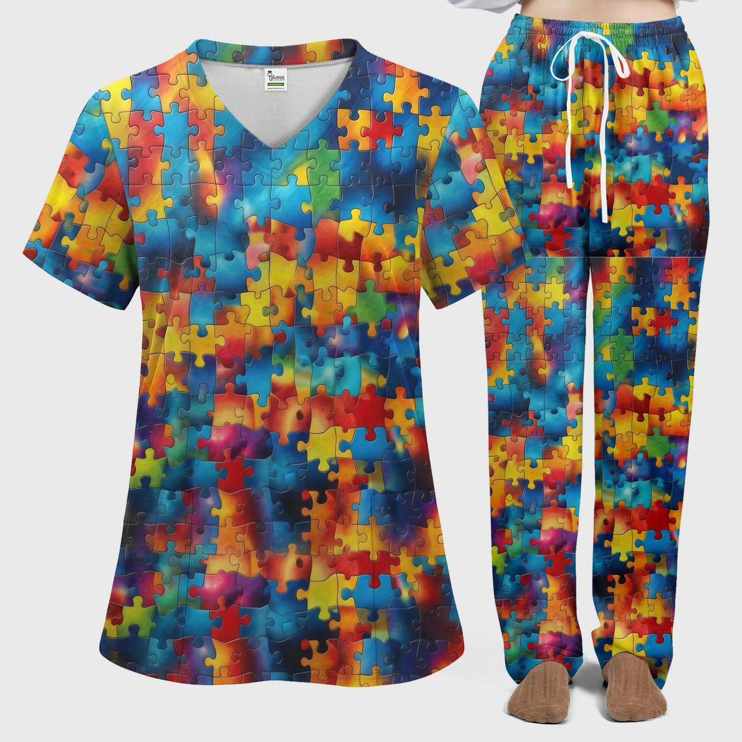 Bright Rainbow Puzzle Piece Art Scrub Set, Scrub Pants and V Neck Top