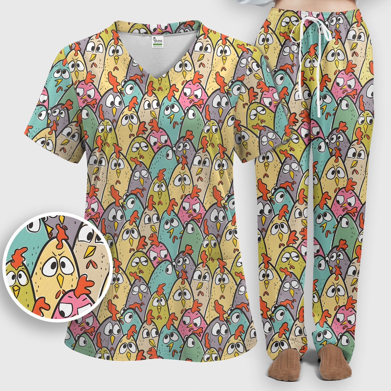 Funny Cartoon Chicken Crowd Pattern Scrub Set, Scrub Pants and V Neck Top