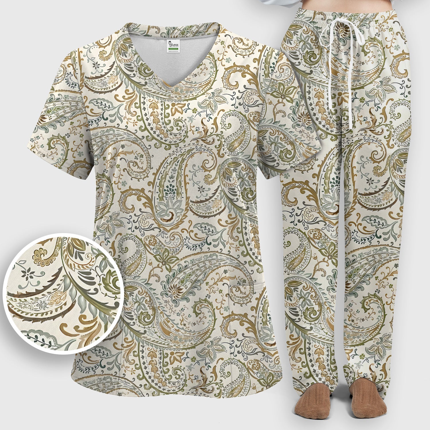 Elegant Sage Green Vintage Paisley Floral Vine Pattern Scrub Set, Scrub Pants and V Neck Top