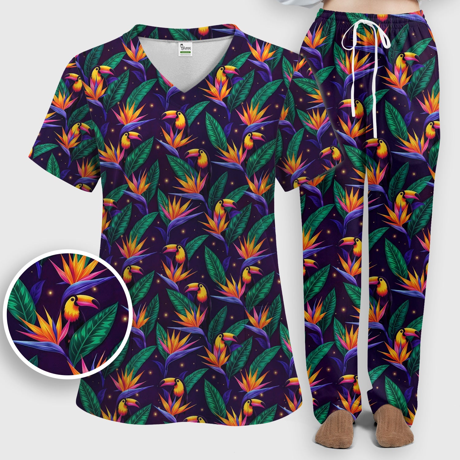 Tropical Toucan Bird Paradise Leaves Pattern Scrub Set, Scrub Pants and V Neck Top