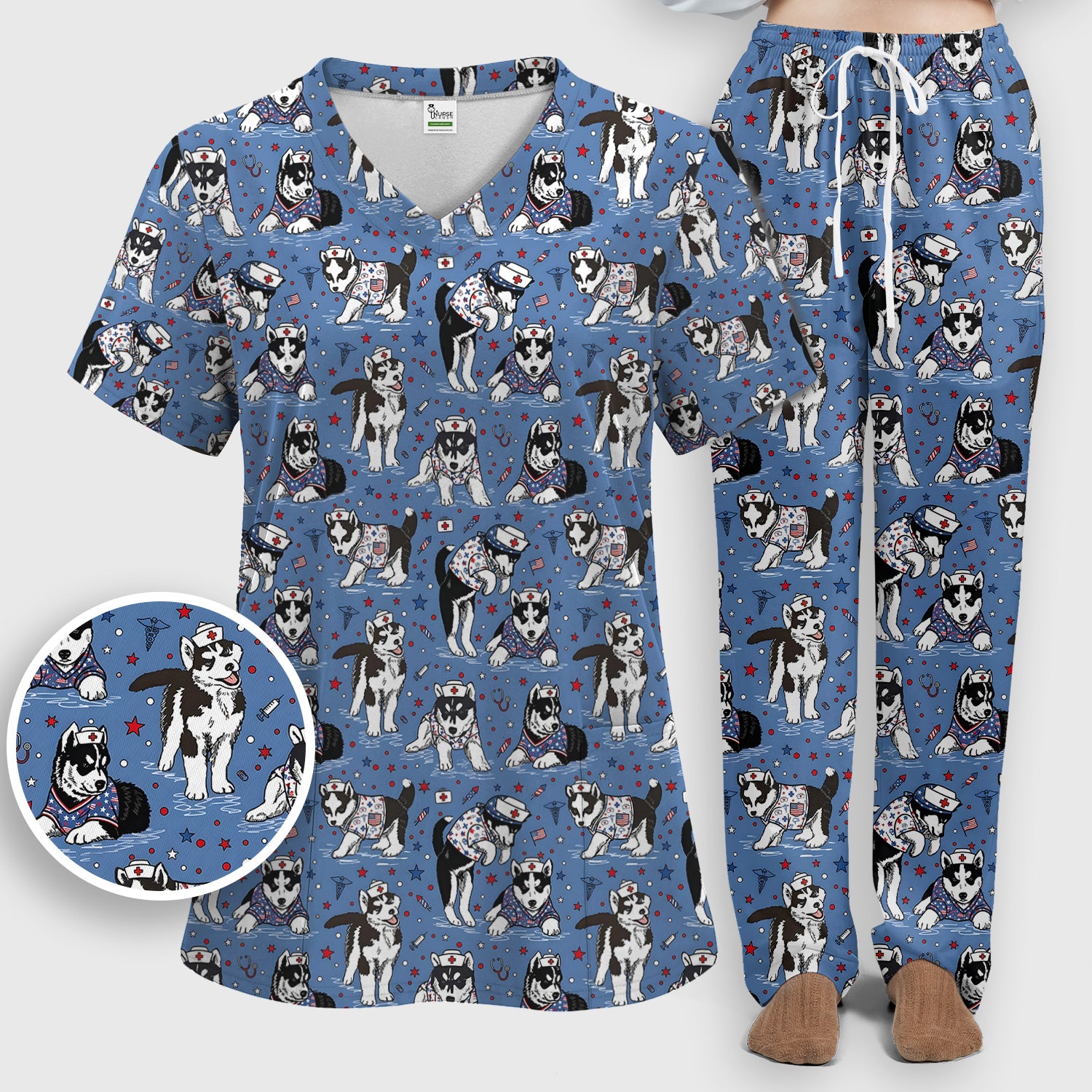 Cute Nurse Husky Dog Medical Pattern Scrub Set, Scrub Pants and V Neck Top
