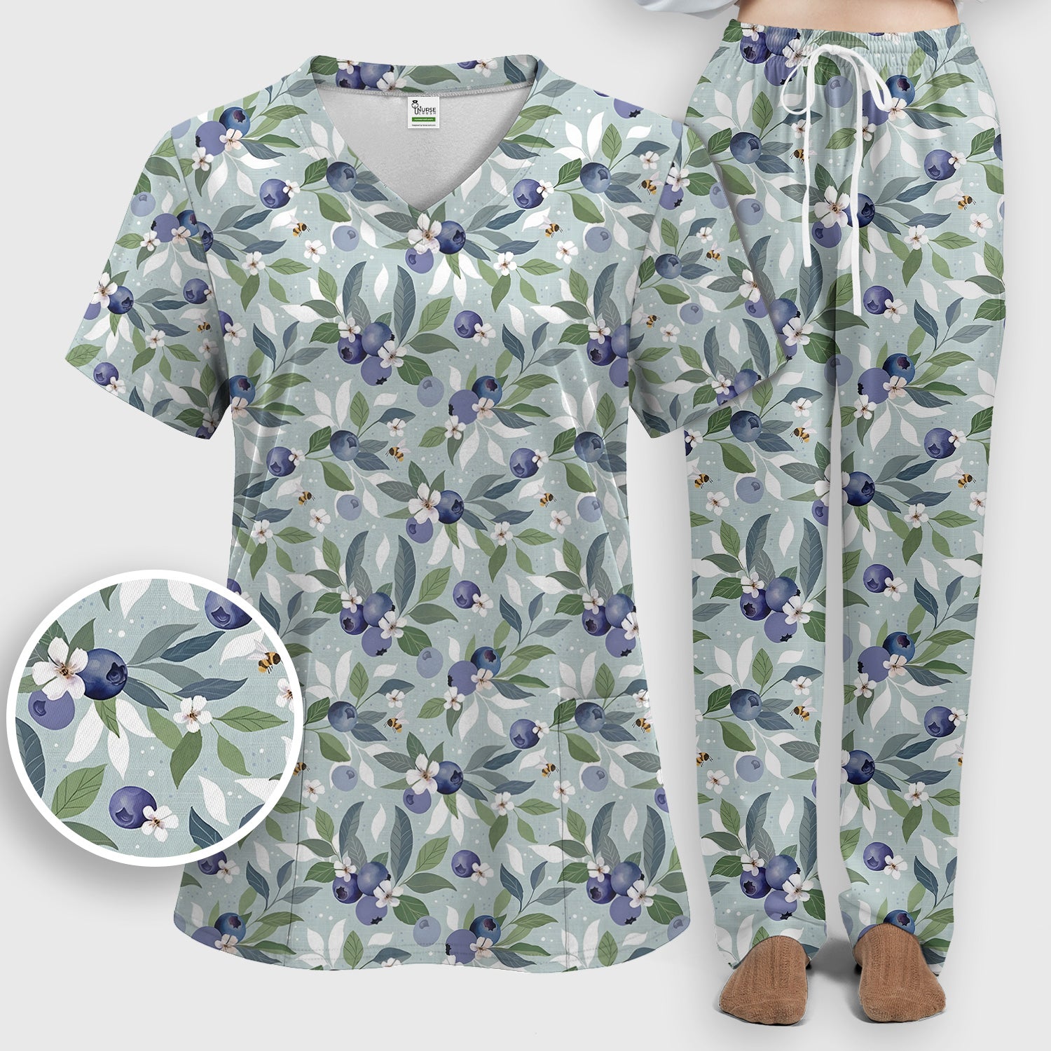 Fresh Blueberry Blossom Garden Pattern Nurse Scrub Set, Scrub Pants and V Neck Top