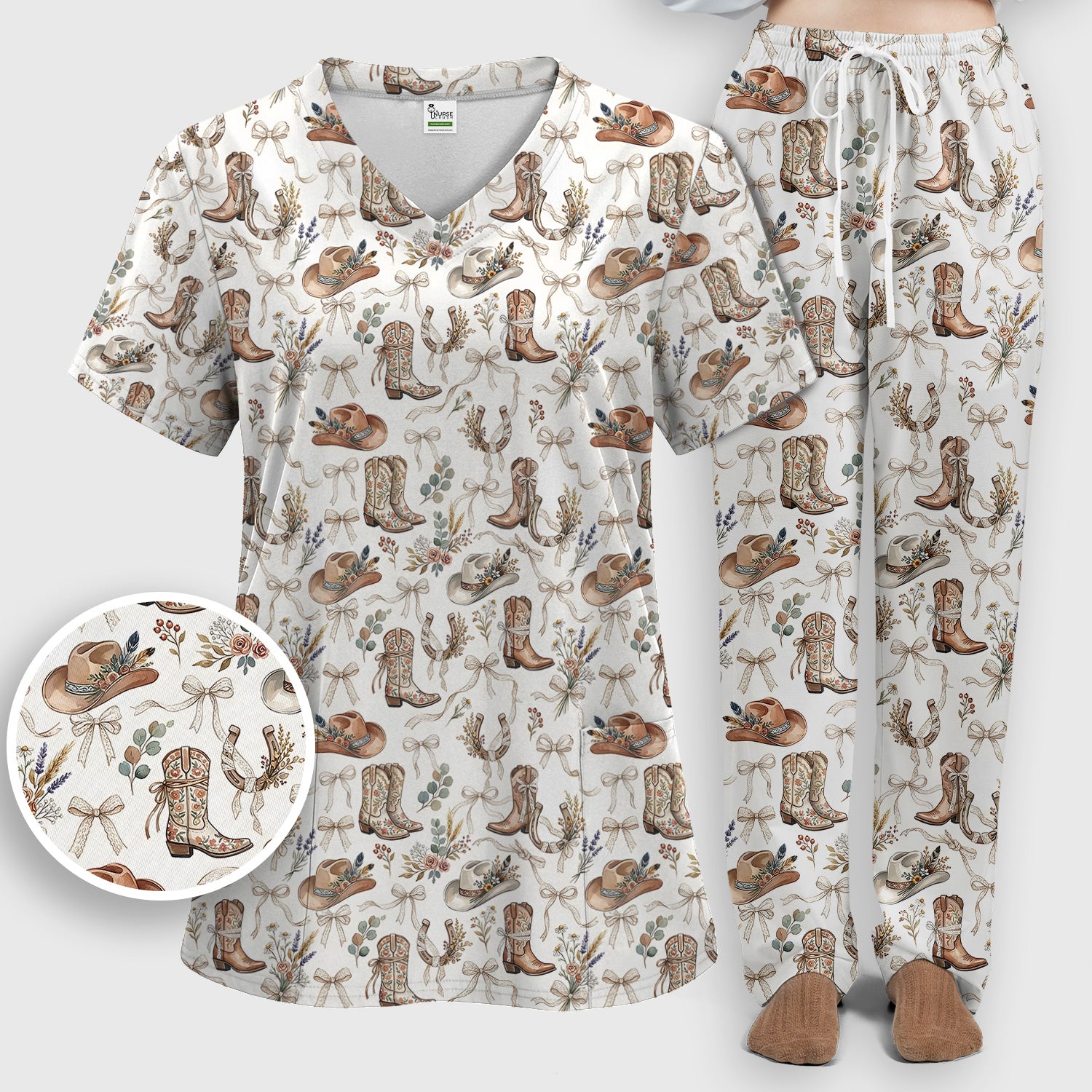 Western Cowboy Boots Hat Floral Pattern Scrub Set, Scrub Pants and V Neck Top