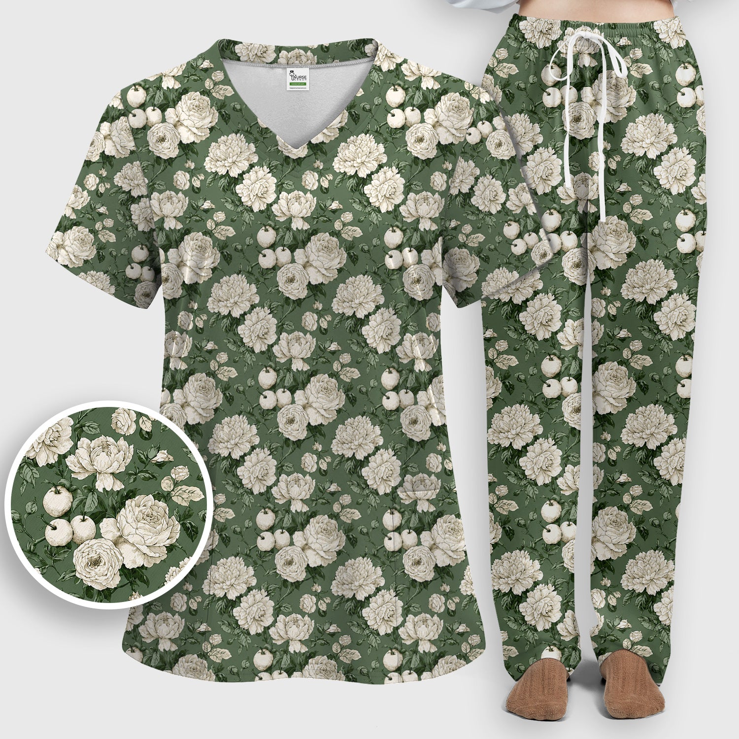 Elegant White Rose Garden Pattern Scrub Set, Scrub Pants and V Neck Top