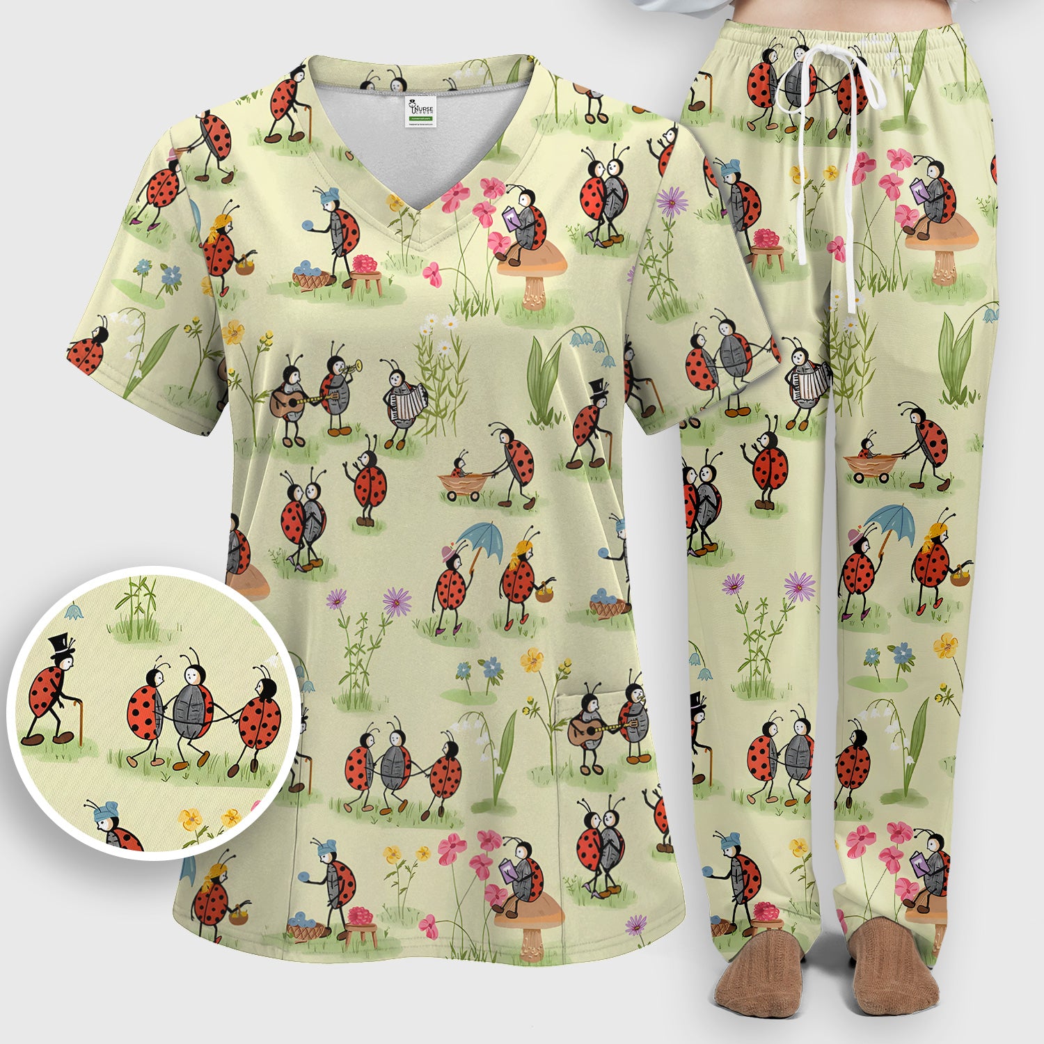 Whimsical Ladybug Garden Activity Pattern Scrub Set, Scrub Pants and V Neck Top