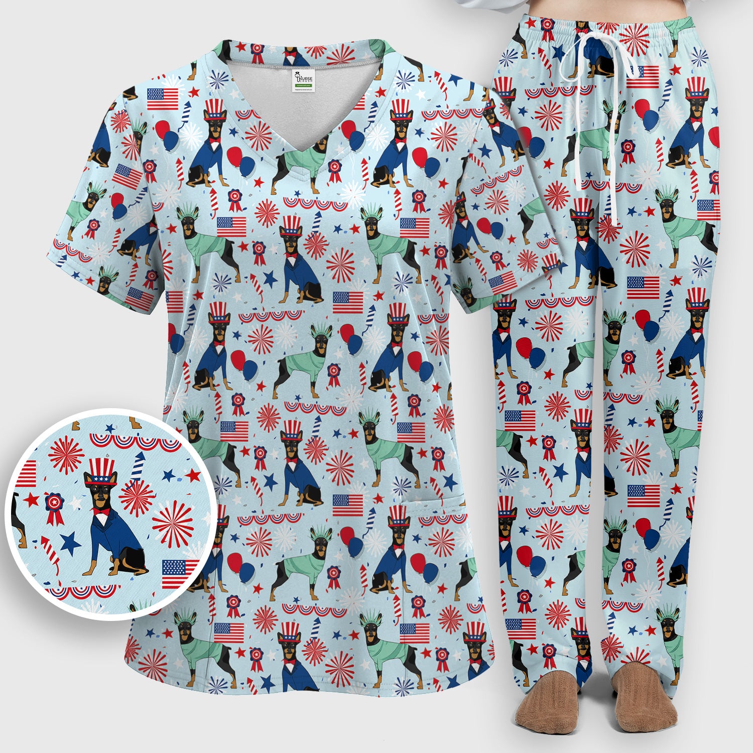 Patriotic Doberman Liberty Fireworks Pattern Scrub Set, Scrub Pants and V Neck Top