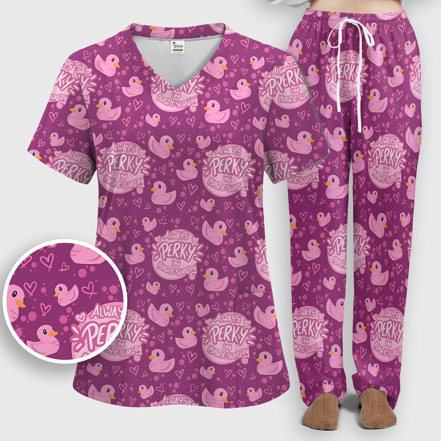 Always Perky Plastic Surgery Duck Pattern Scrub Set, Scrub Pants and V Neck Top