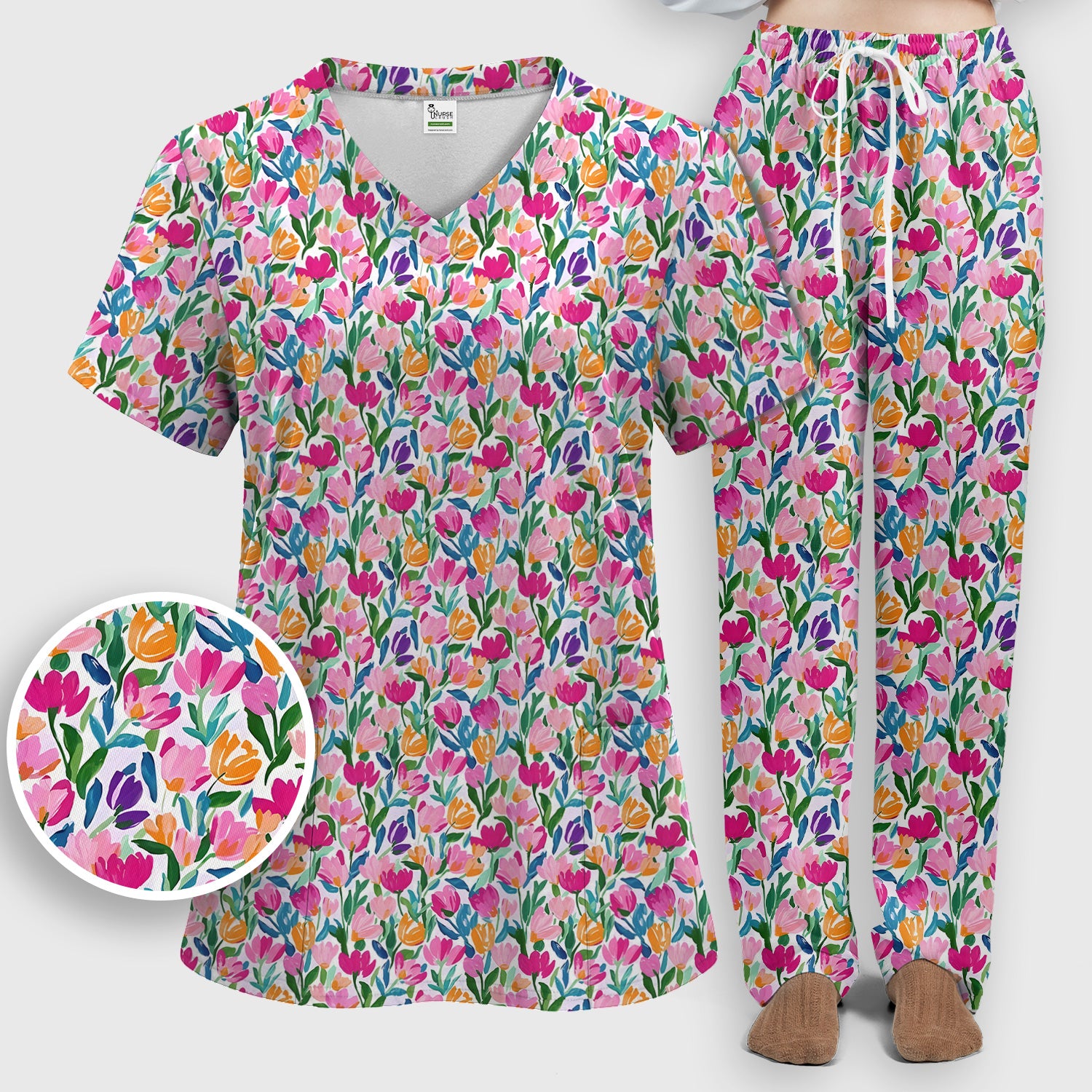 Vibrant Tulip Meadow Pattern Scrub Set, Scrub Pants and V Neck Top