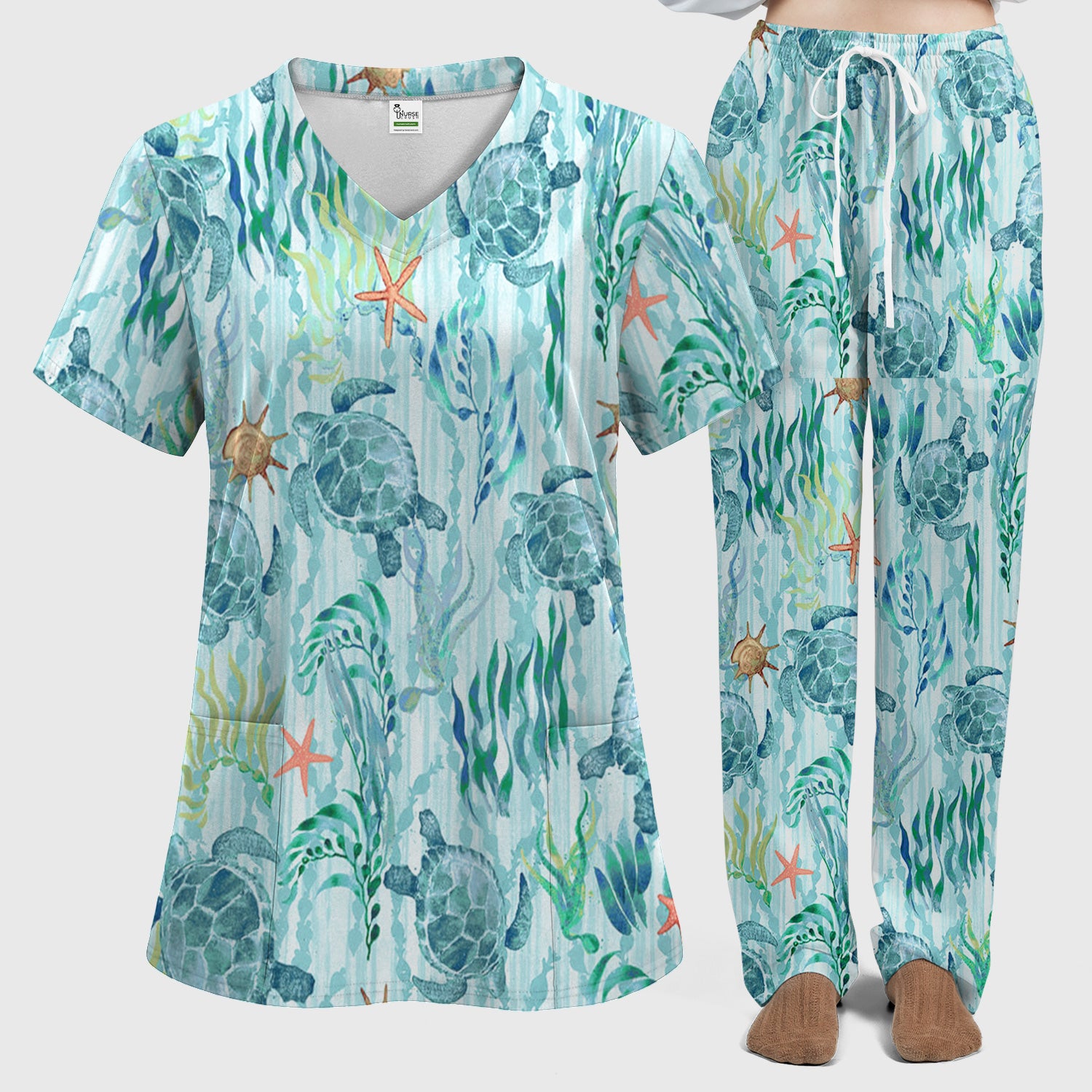Sea Turtle Ocean Watercolor Print Scrub Set, Scrub Pants and V Neck Top