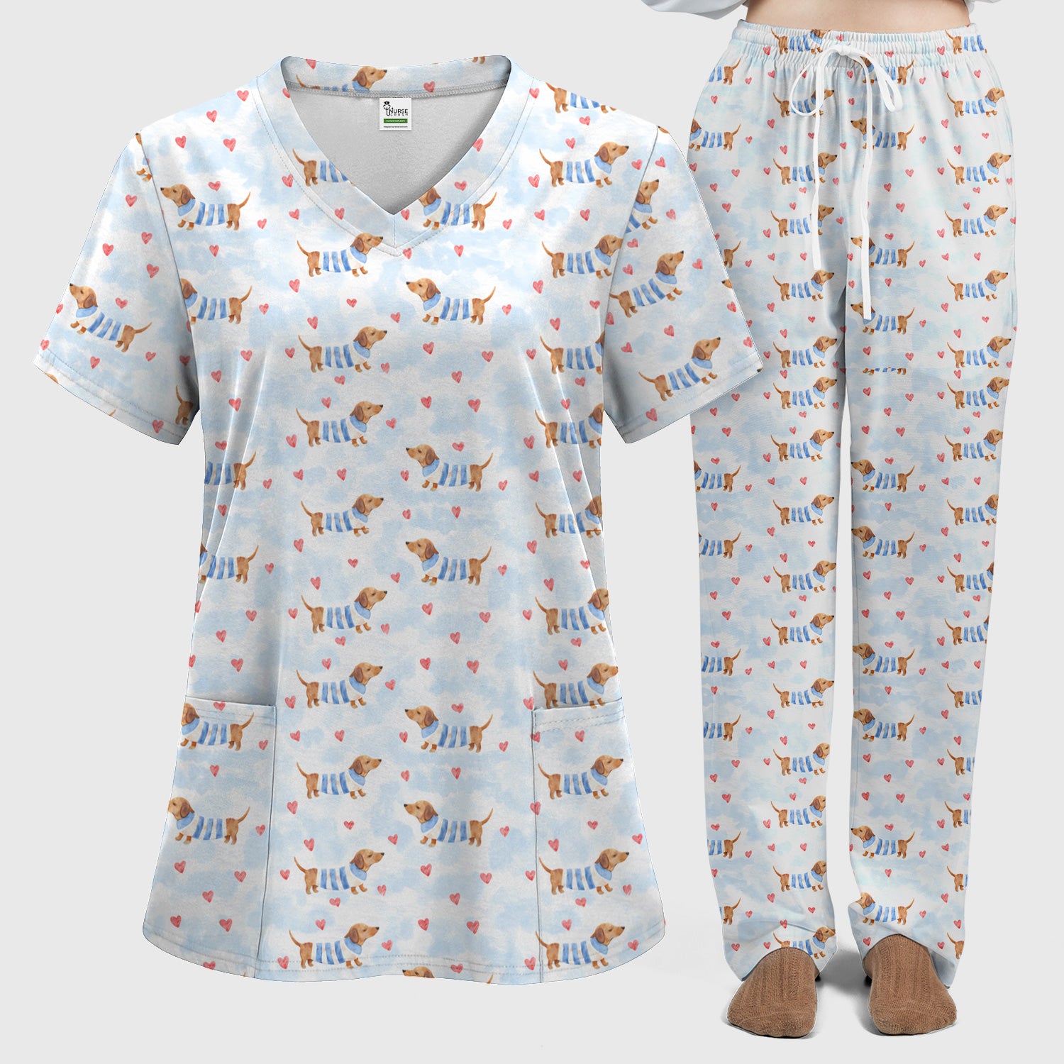 Sweet Dachshund And Pink Hearts Print Scrub Set, Scrub Pants and V Neck Top