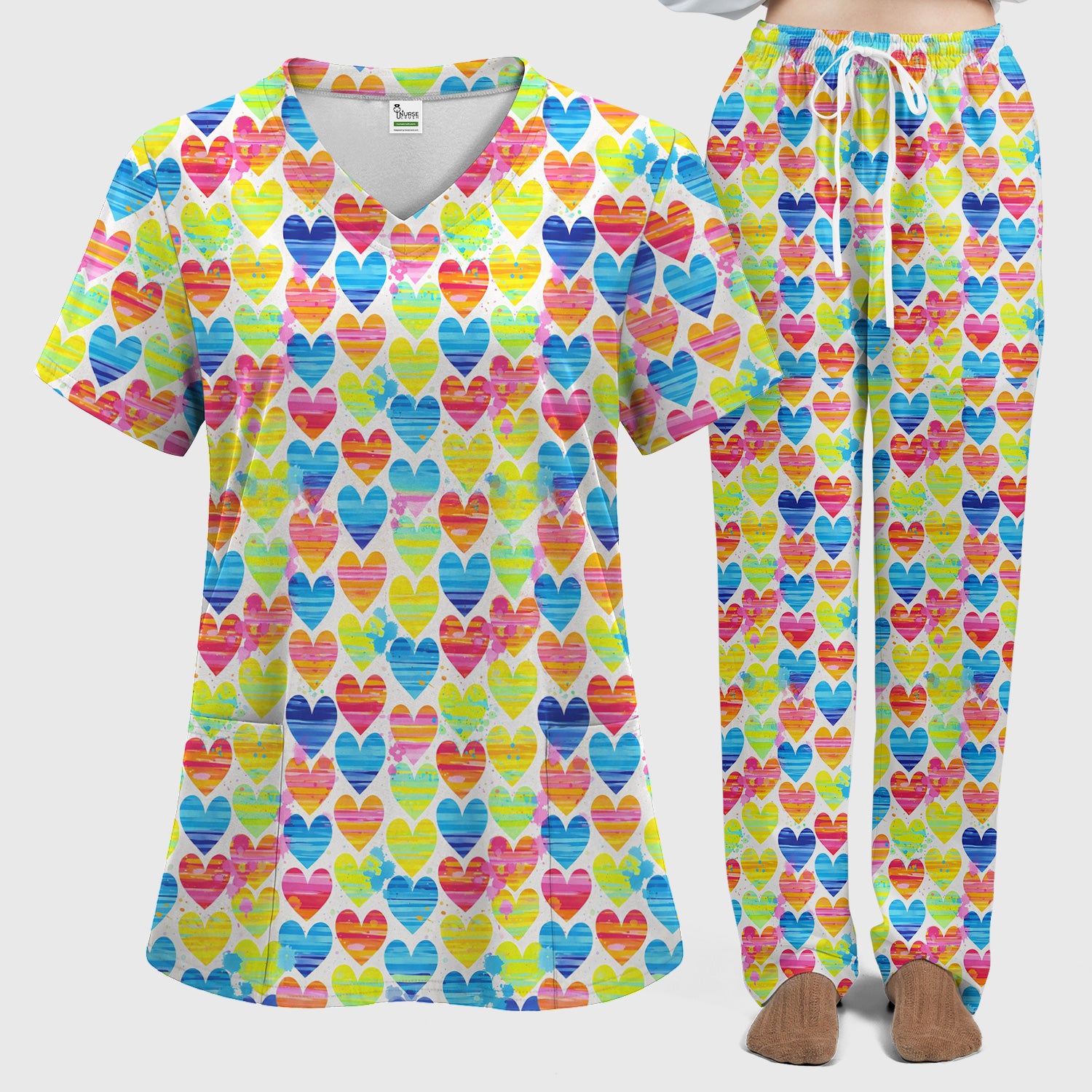 Bright Multicolor Rainbow Heart All Over Print Pattern Set, Women's Scrub Set