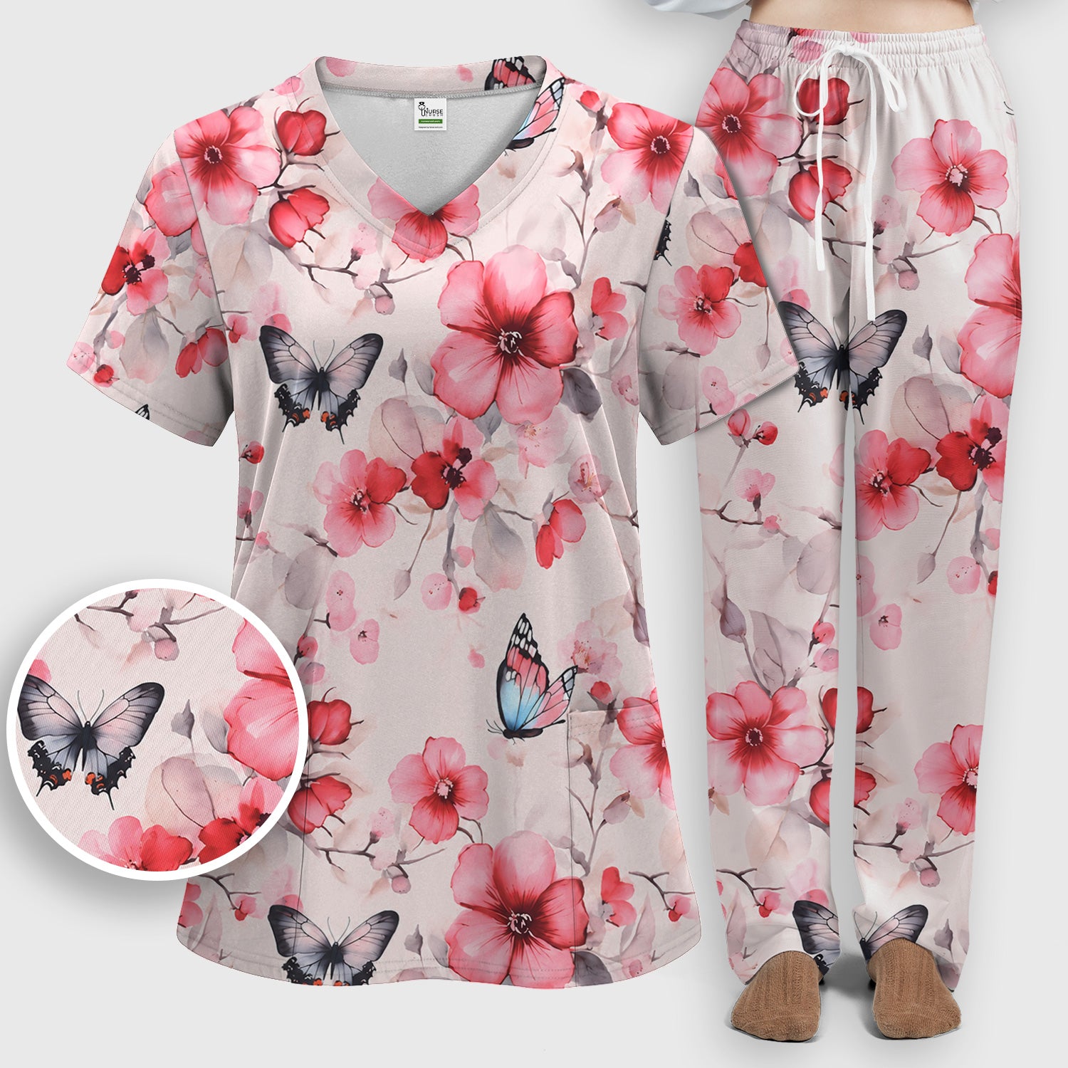 Pink Butterfly Blossom Pattern Scrub Set, Scrub Pants and V Neck Top