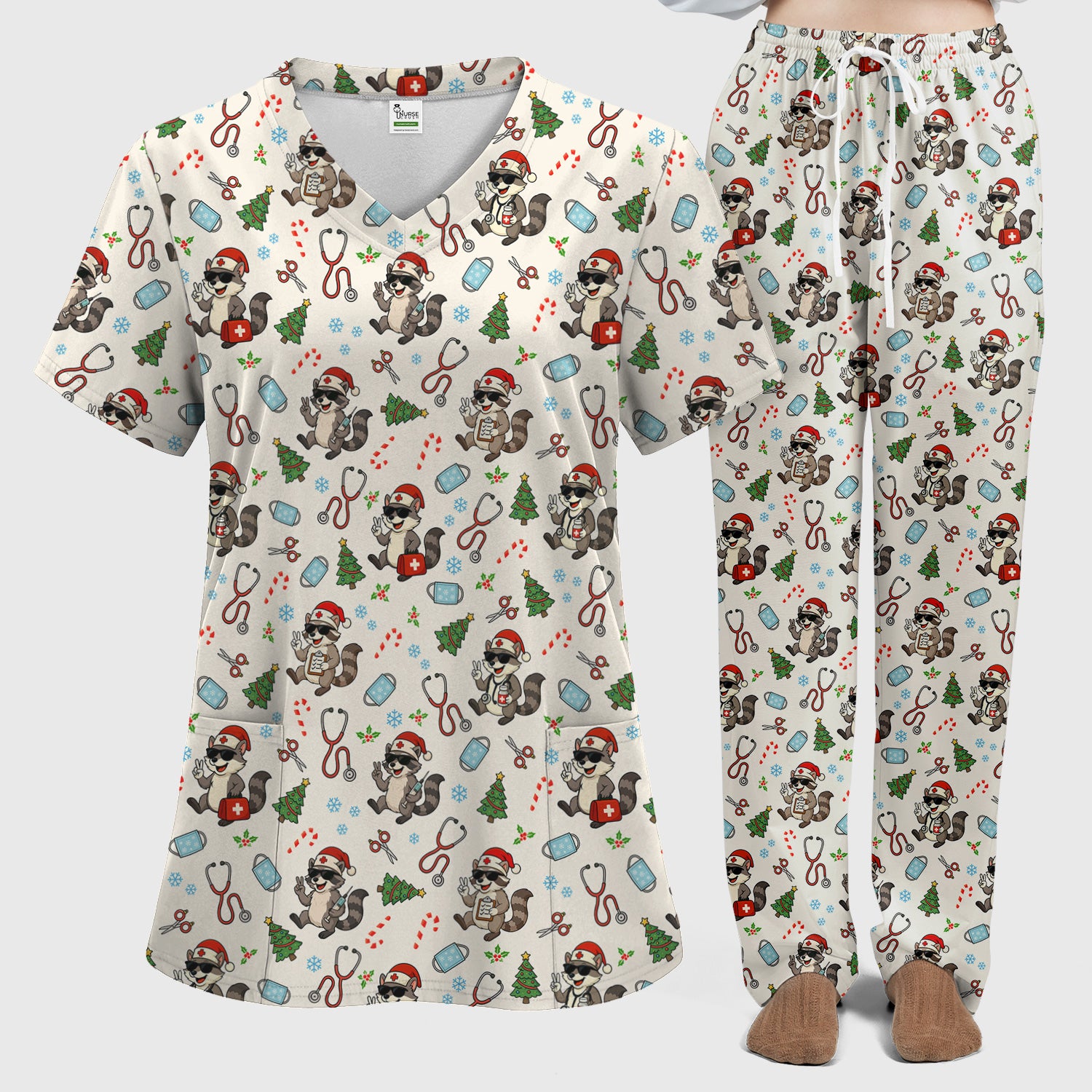 Funny Christmas Nurse Scrub Set - Raccoon Pattern with Santa Hat, Stethoscope and Tree - Cute Holiday Medical Scrubs Pants and Top Gift for RN CNA LPN