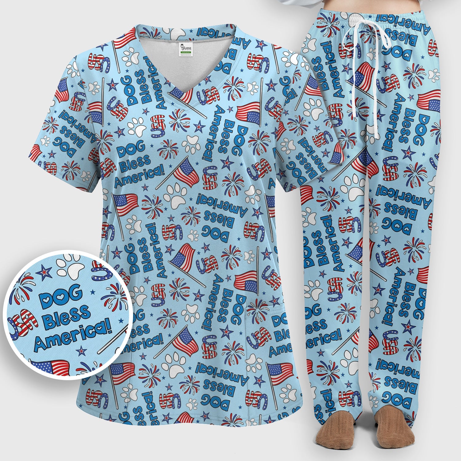 Funny Patriotic Dog Bless America Flag Pattern Scrub Set, Scrub Pants and V Neck Top