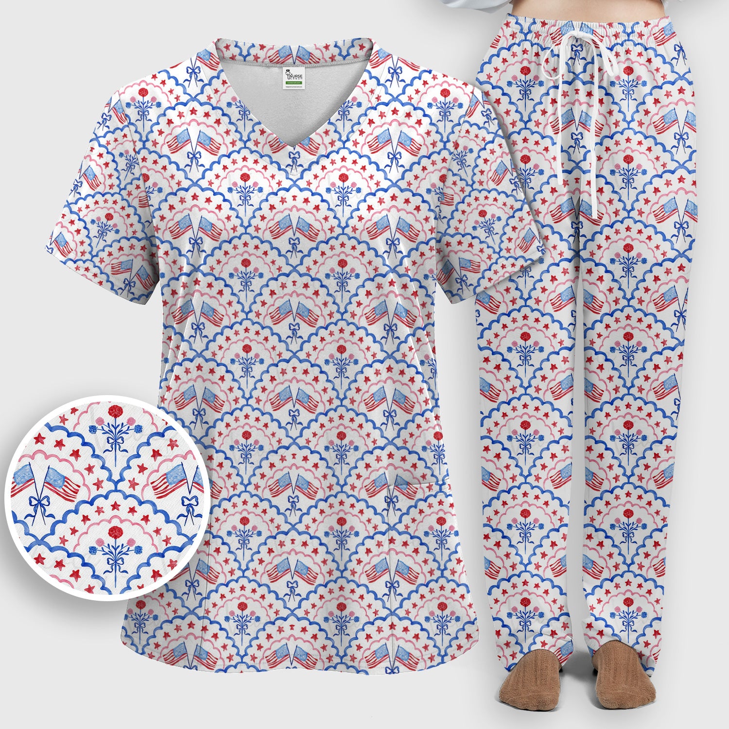 Patriotic Scallop Star Flag Floral Pattern Scrub Set, Scrub Pants and V Neck Top