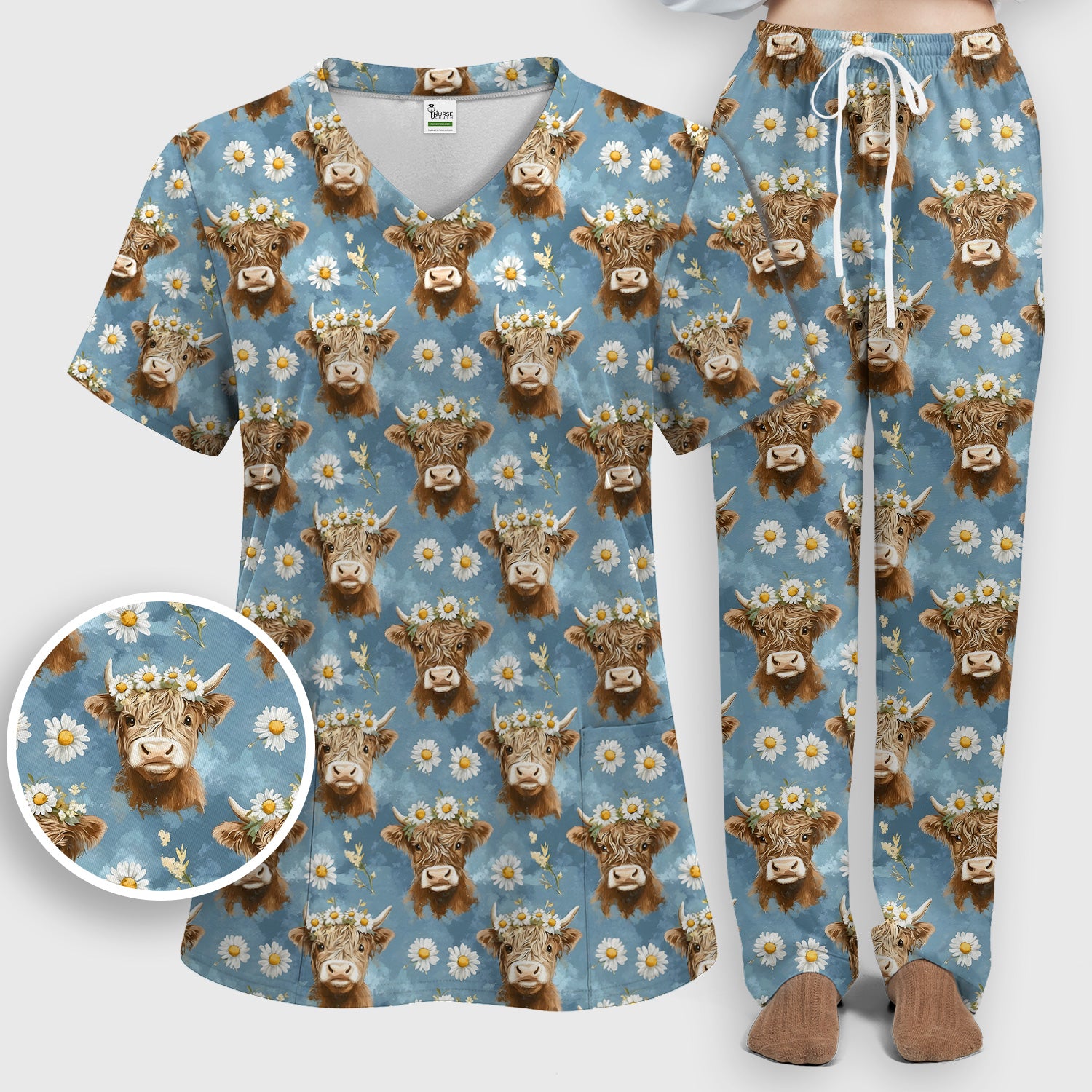 Highland Cow Daisy Flower Pattern Scrub Set, Scrub Pants and V Neck Top