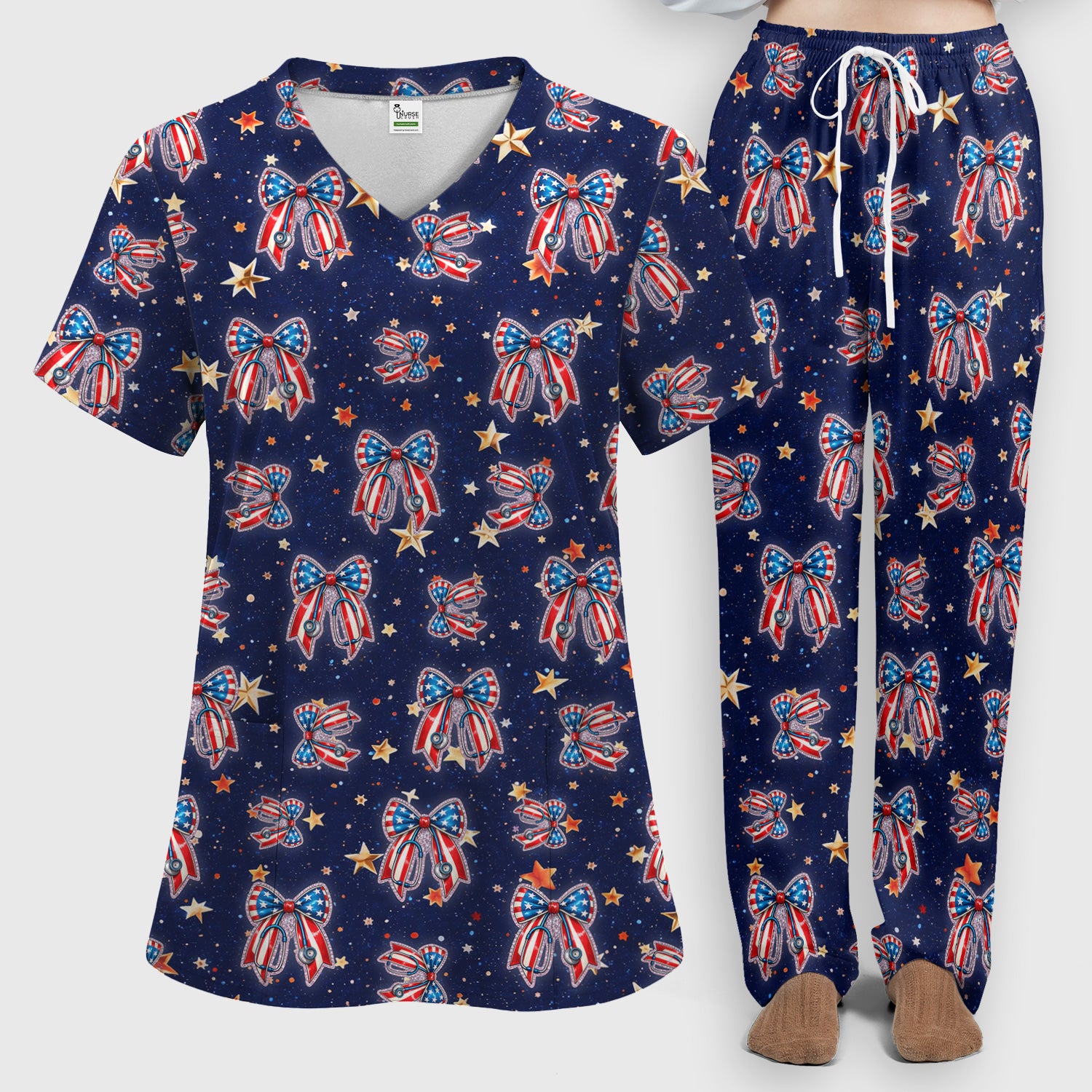 Patriotic Bow Star Print Women's Scrub Set, Breathable Med Uniform