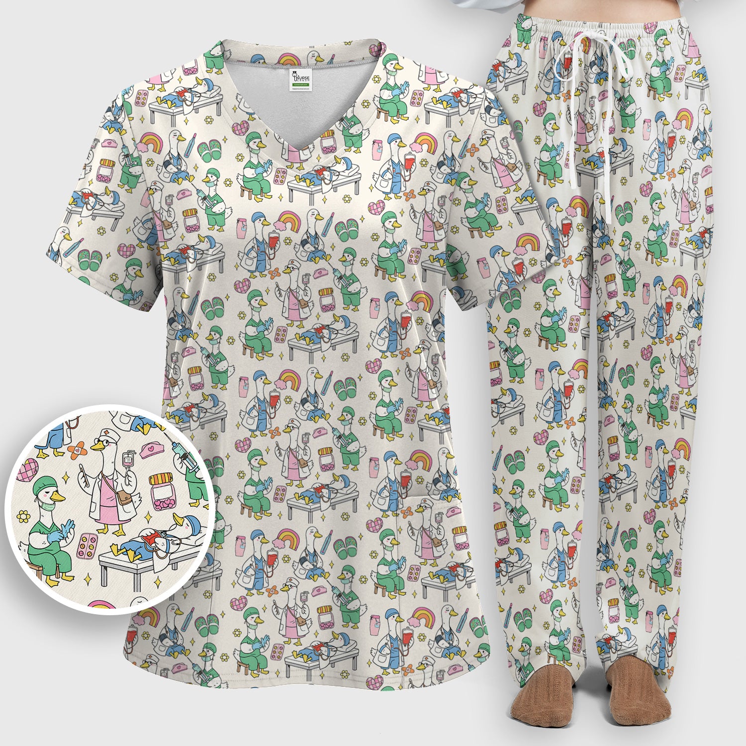 Funny Nurse Duck Medical Doodle Pattern Scrub Set, Scrub Pants and V Neck Top