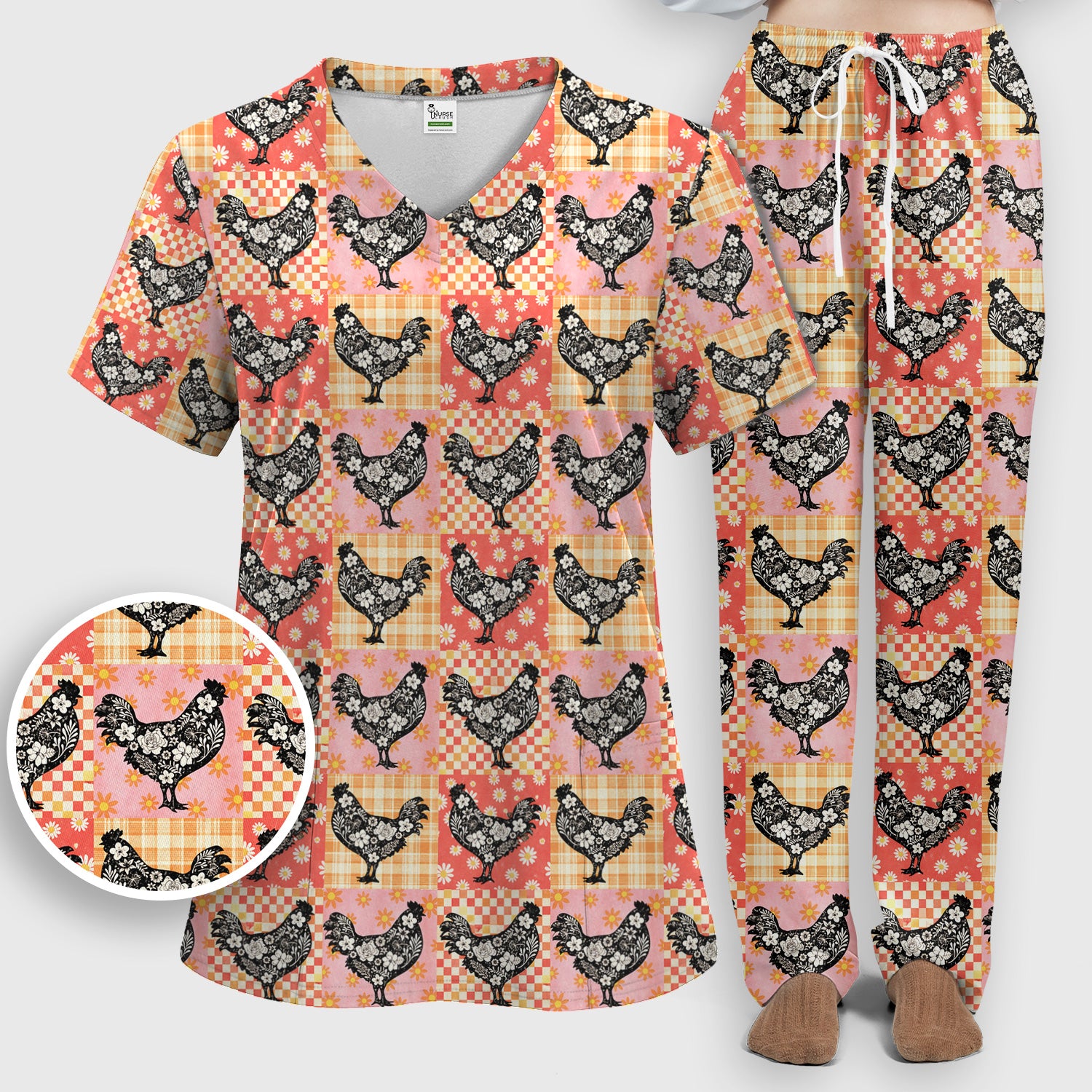 Cute Floral Chicken Patchwork Print Scrub Set, Scrub Pants and V Neck Top