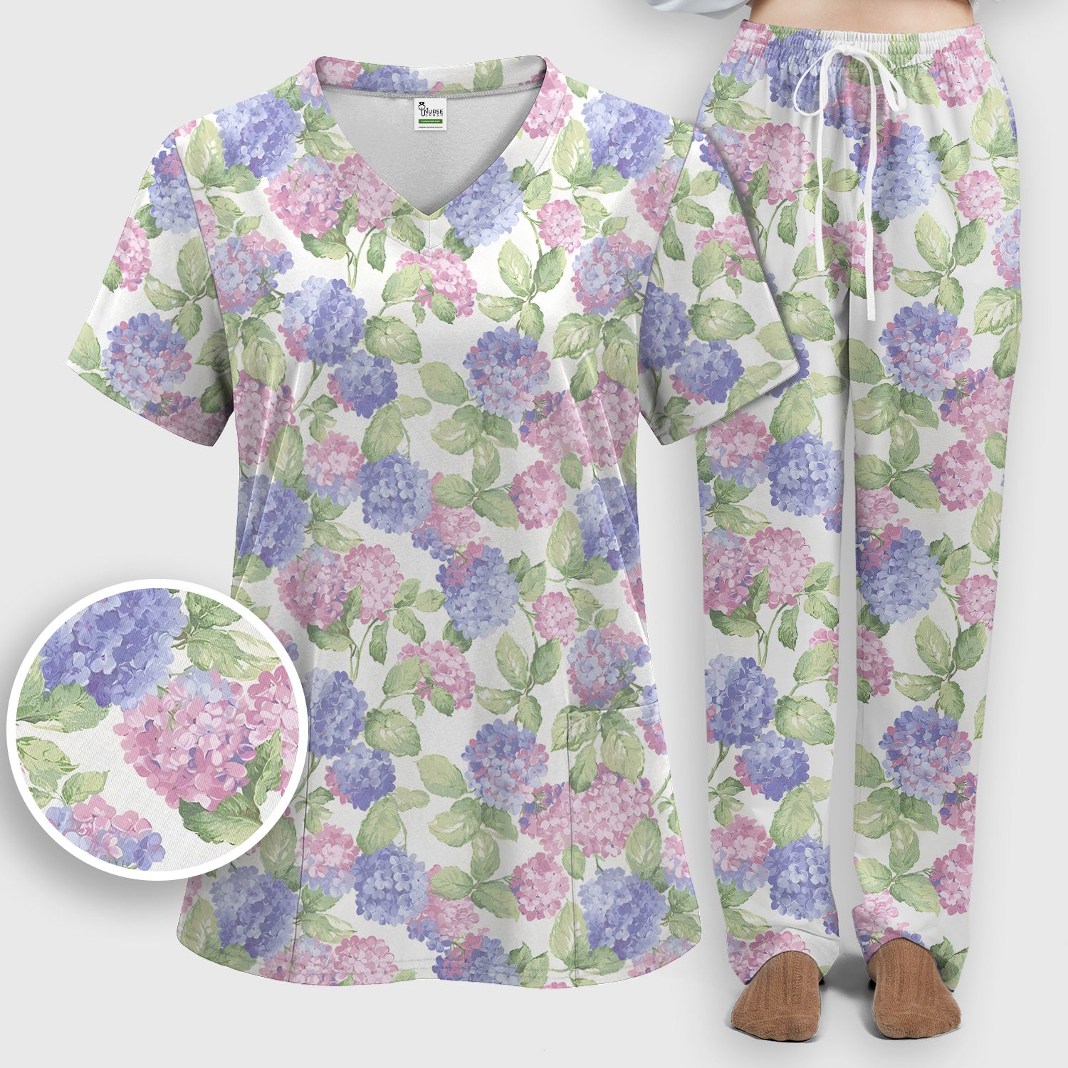 Soft Pastel Watercolor Hydrangea Floral Pattern Scrub Set, Scrub Pants and V Neck Top