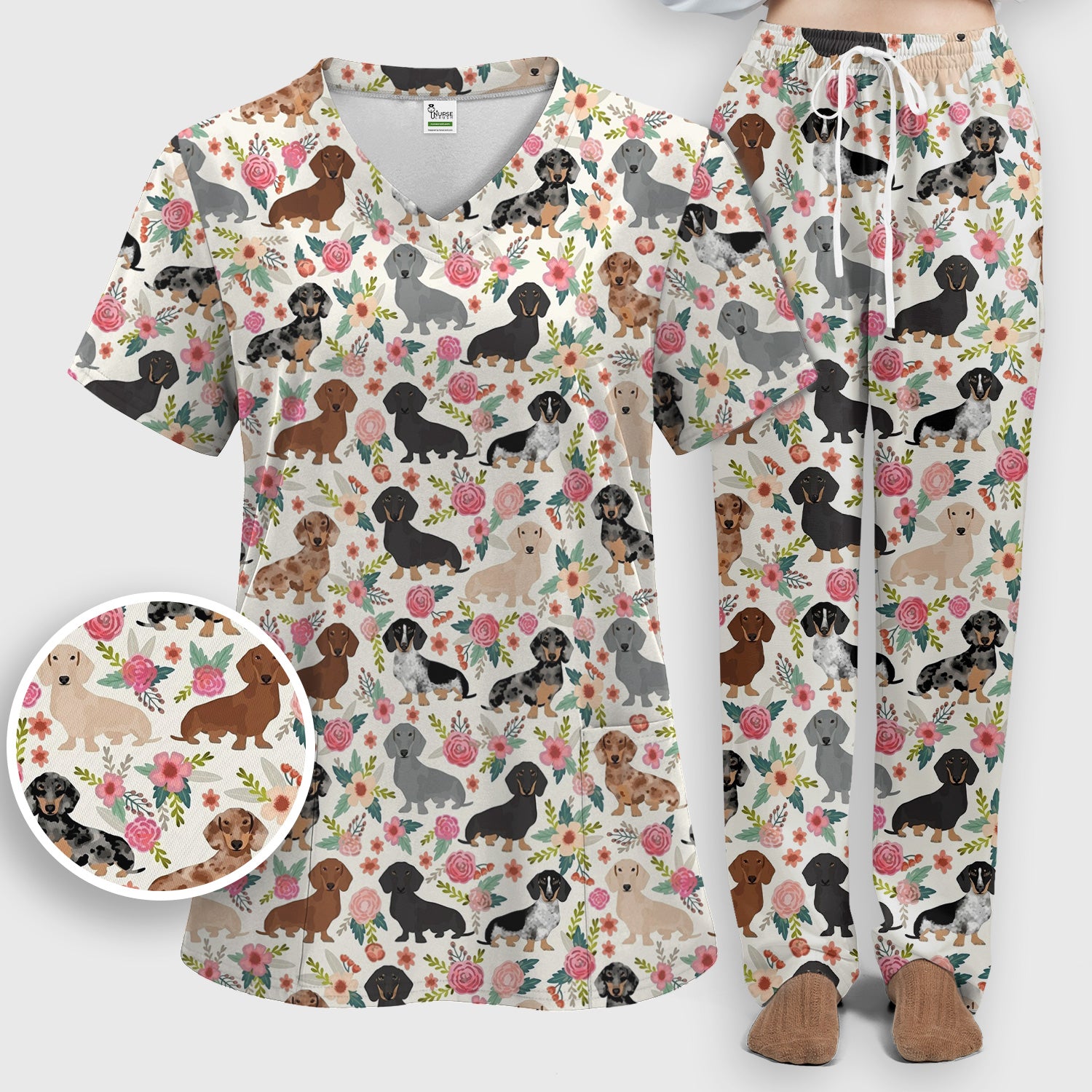 Adorable Dachshund Floral Pattern Scrub Set, Scrub Pants and V Neck Top