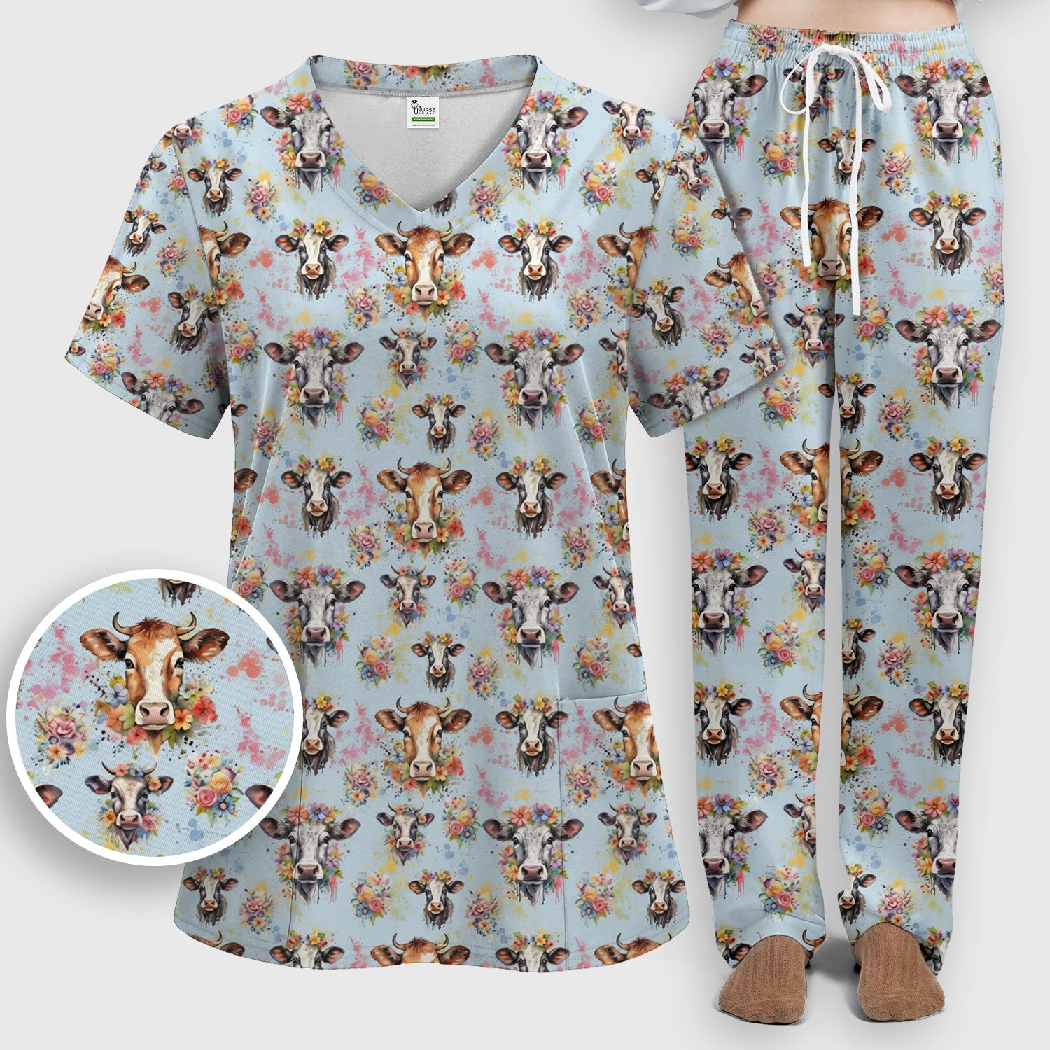 Cute Floral Cow Farm Animal Pattern Scrub Set, Scrub Pants and V Neck Top