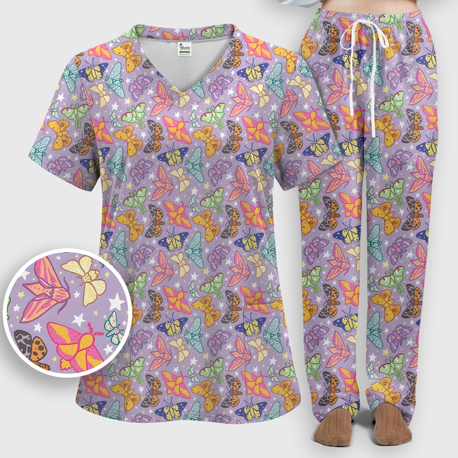 Colorful Butterfly Moth Pattern Scrub Set, Scrub Pants and V Neck Top