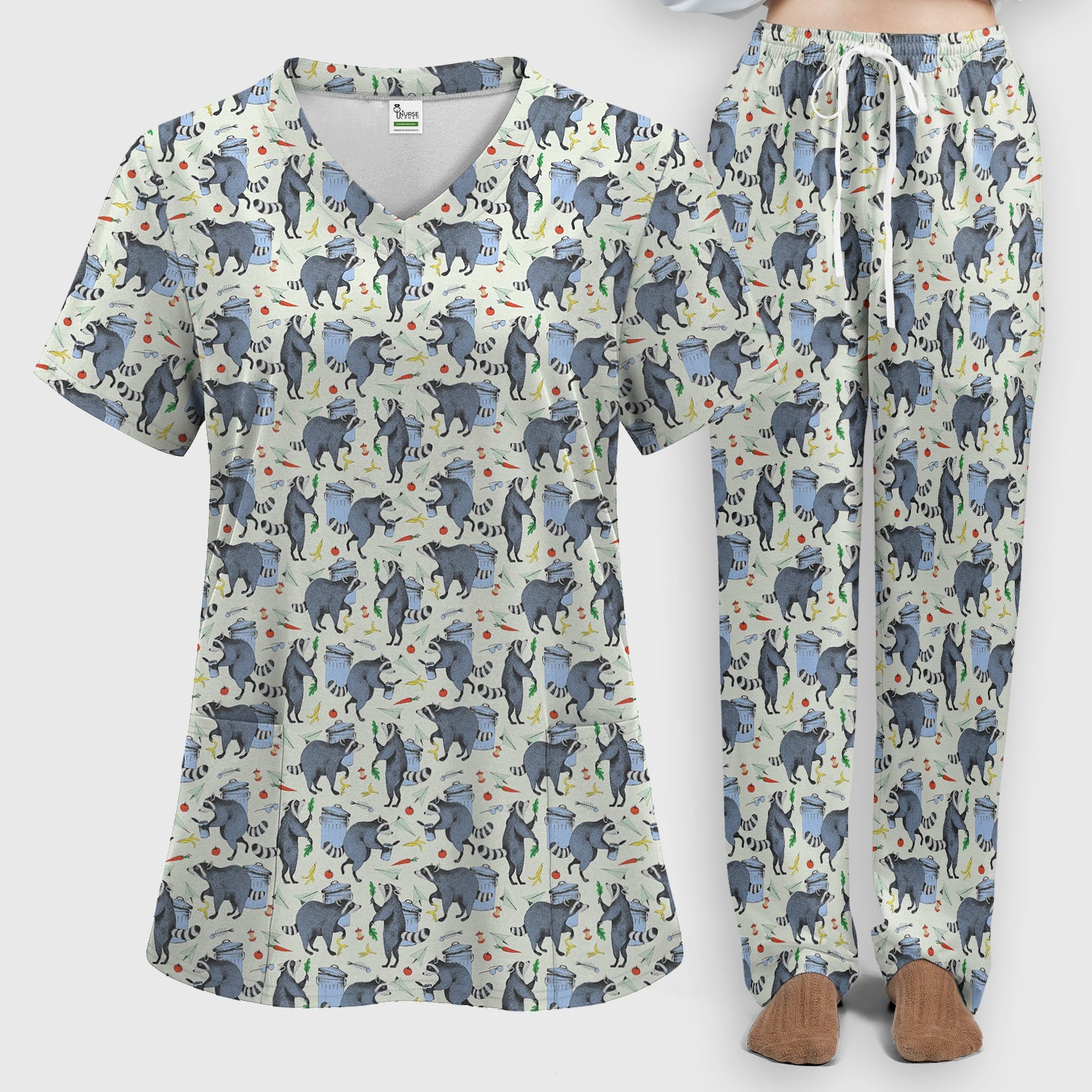 Playful Raccoon Trash Print Women's Scrub Set, Scrub Pants and V Neck Top
