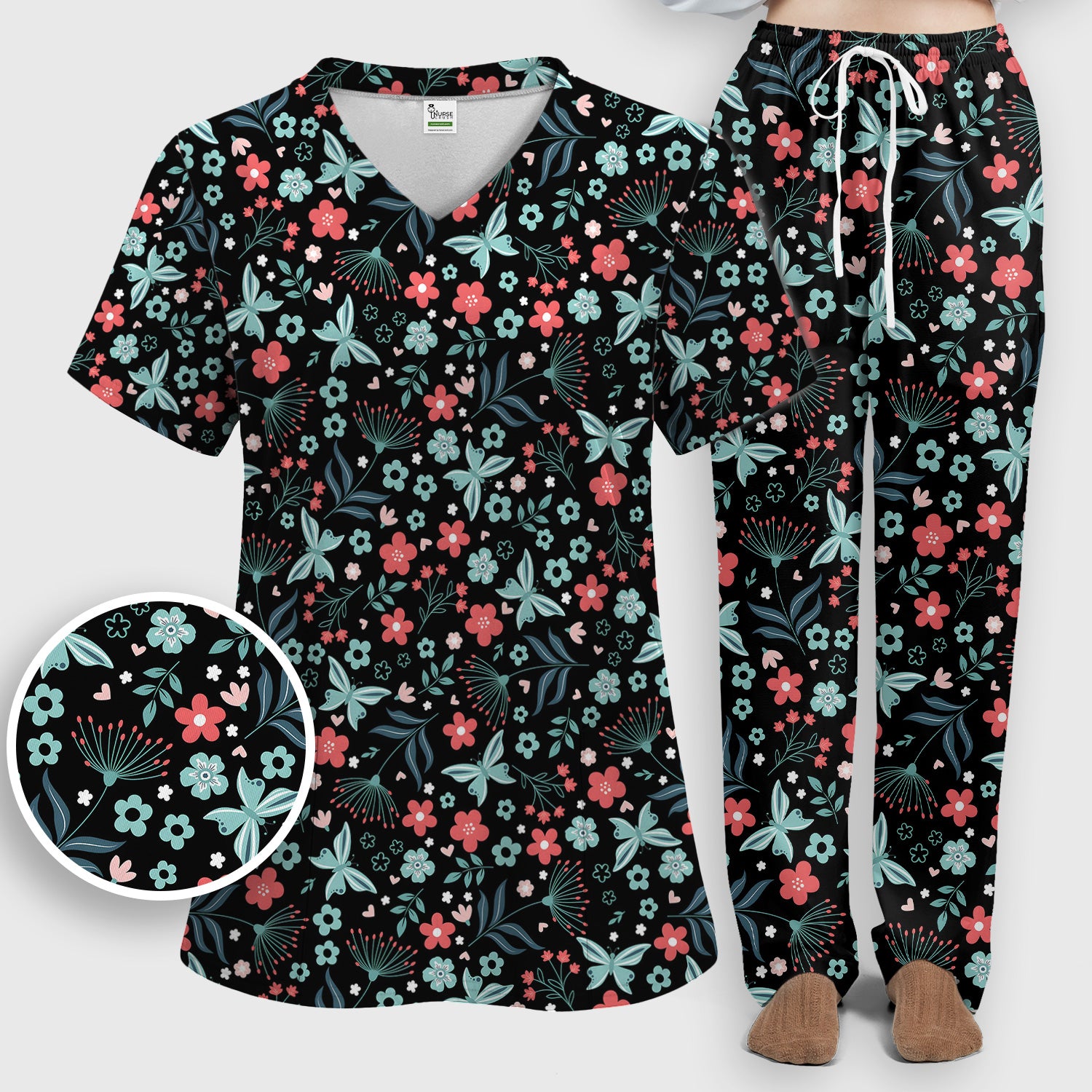 Cute Floral Butterfly Garden Print Scrub Set, Scrub Pants and V Neck Top
