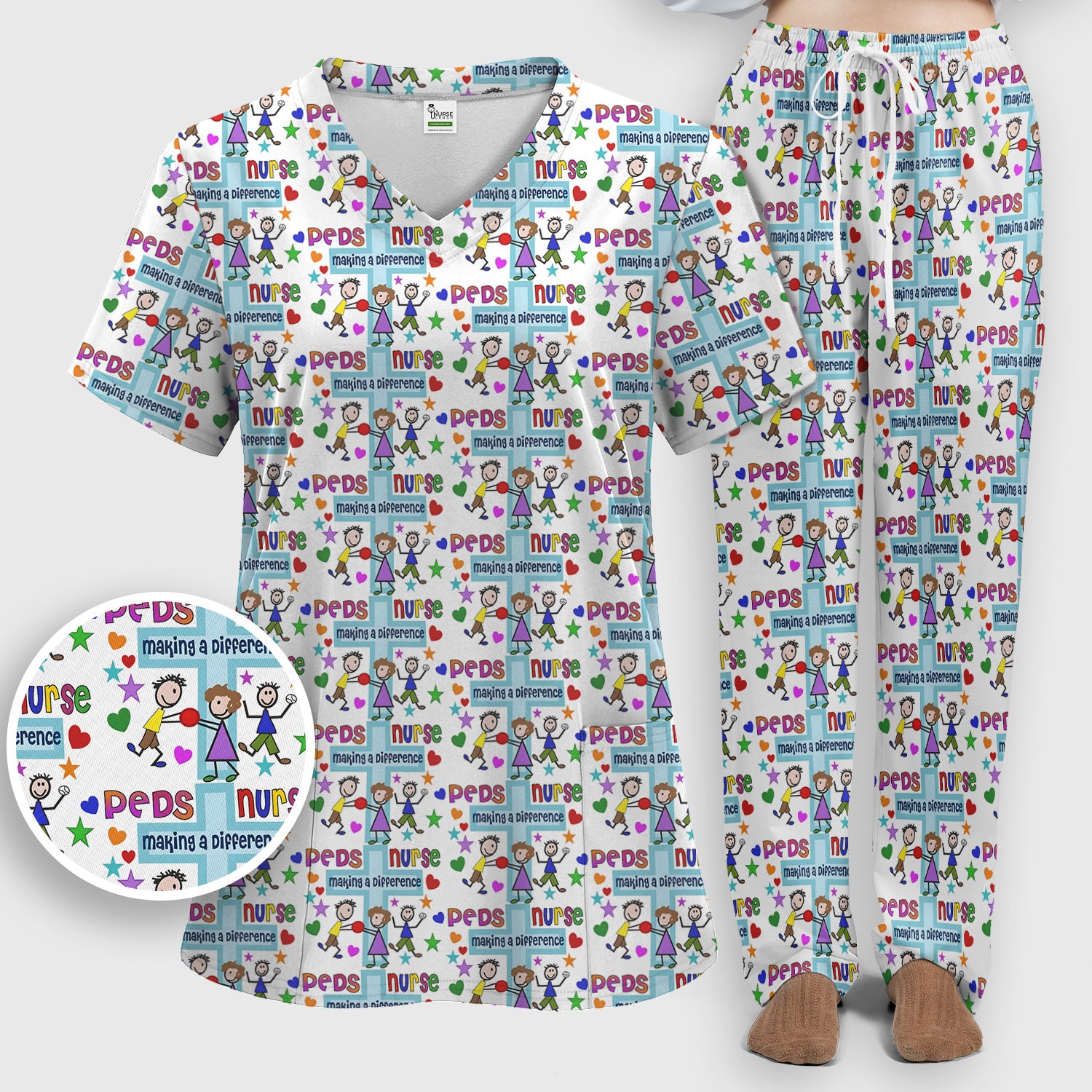 Peds Nurse Making A Difference Pattern Scrub Set, Scrub Pants and V Neck Top
