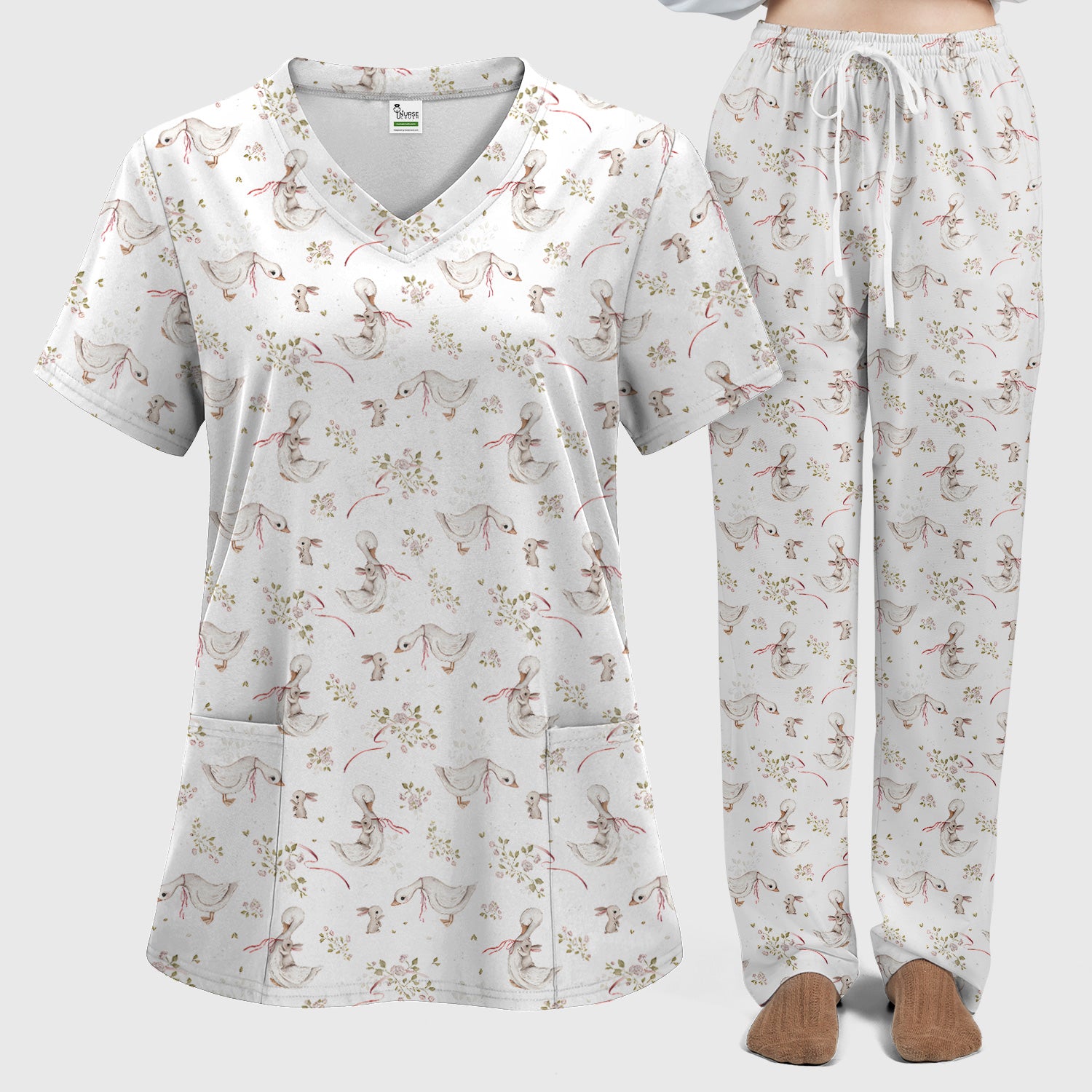 Cute Duck Bunny Floral Print Scrub Set, Breathable Med Uniform