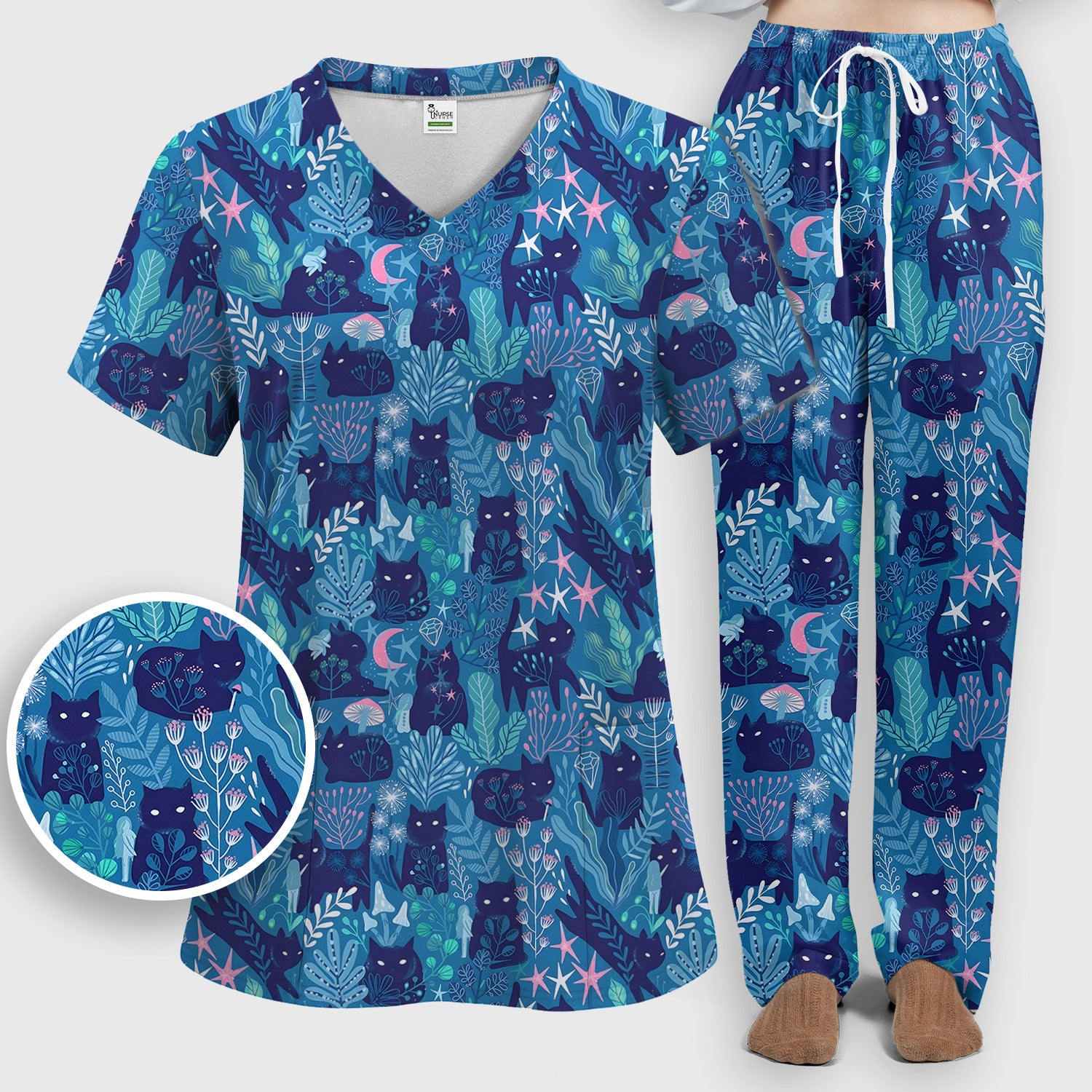 Adorable Celestial Cat Moon Star Pattern Scrub Set, Scrub Pants and V Neck Top