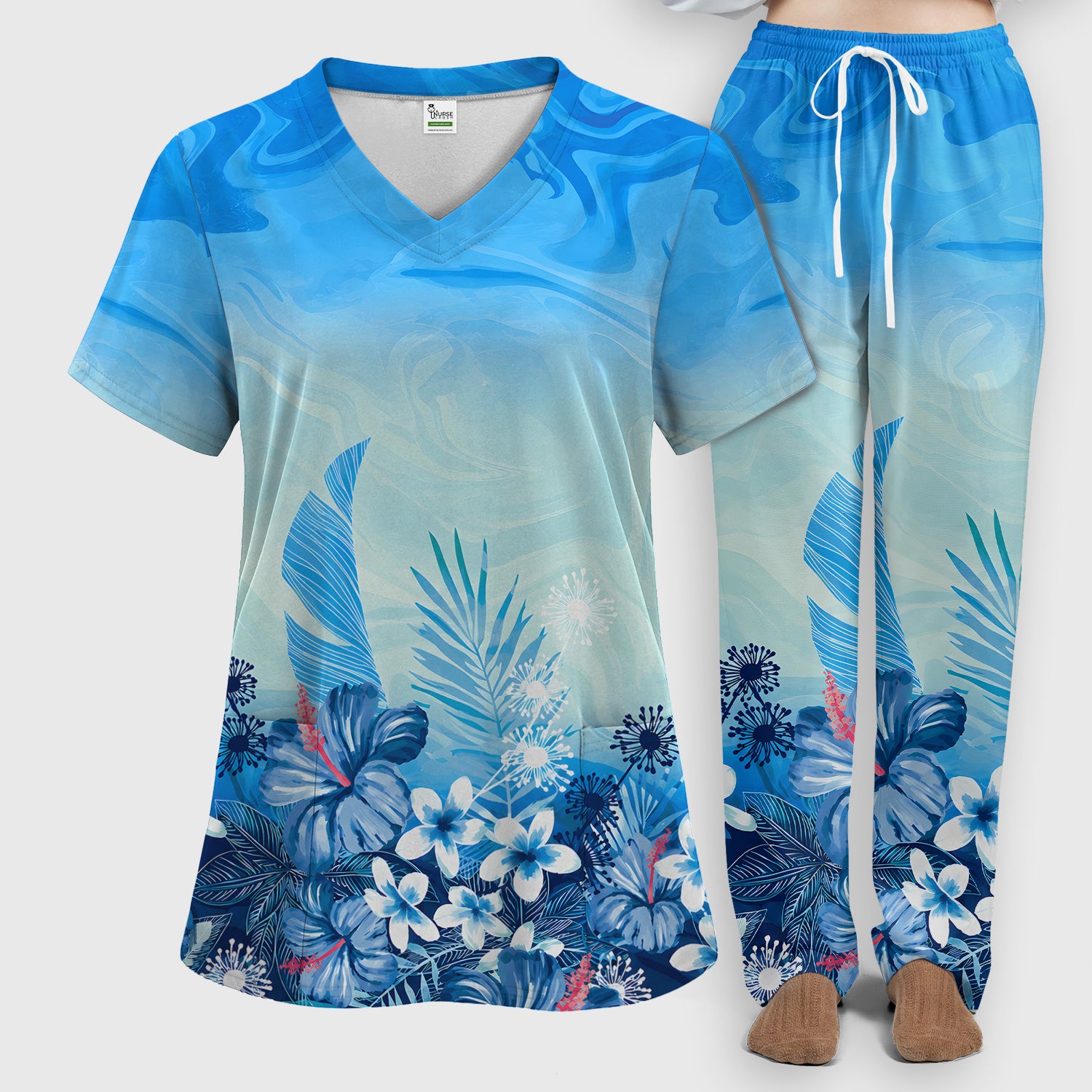 Elegant Blue Tropical Floral Pattern Scrub Set, Scrub Pants and V Neck Top