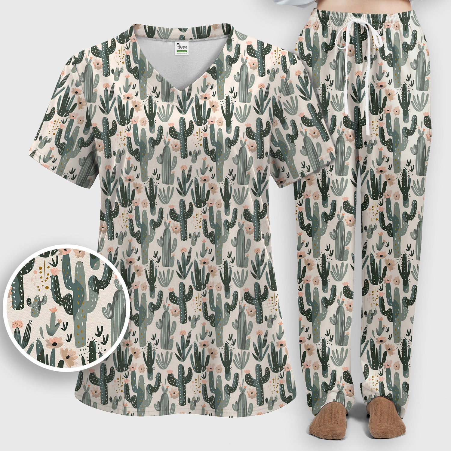 Green Cactus Desert Blossom Pattern Scrub Set, Scrub Pants and V Neck Top
