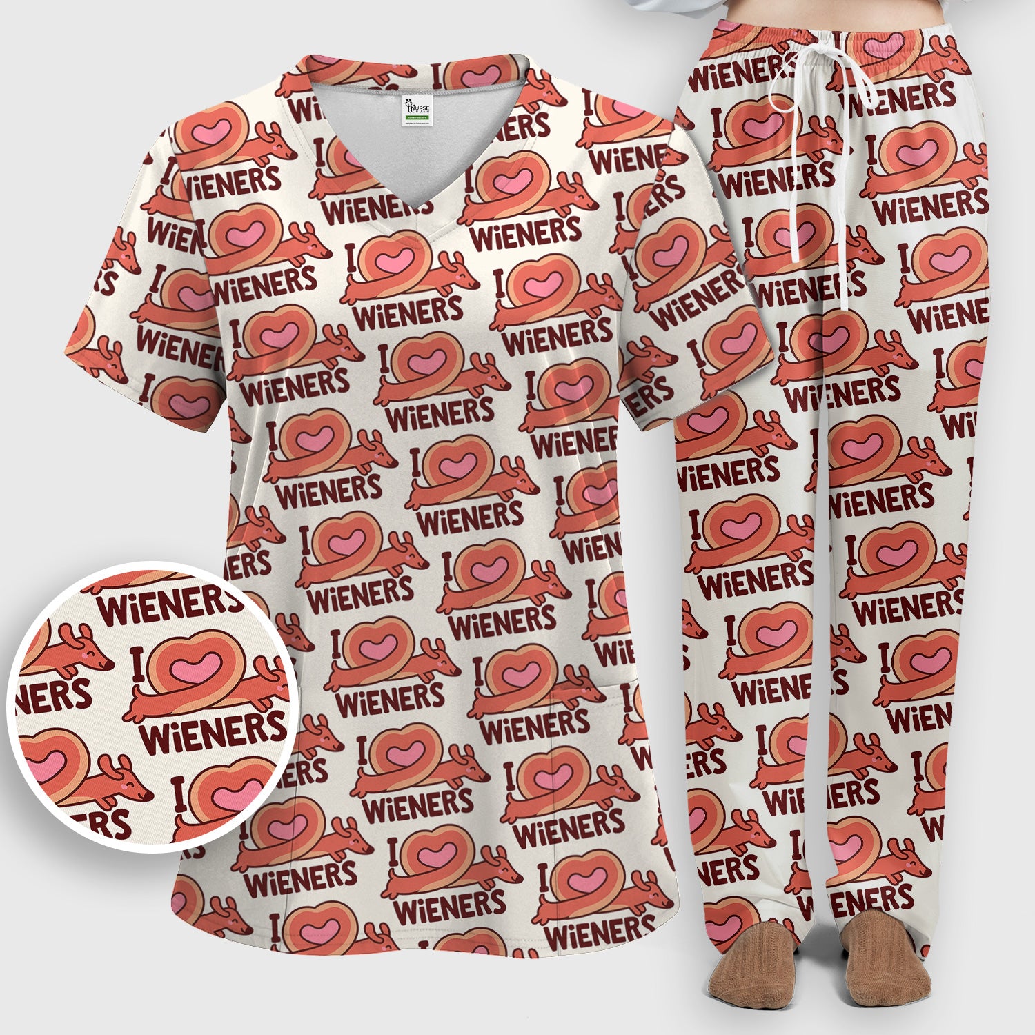I Love Wieners Dachshund Heart Pattern Scrub Set, Scrub Pants and V Neck Top