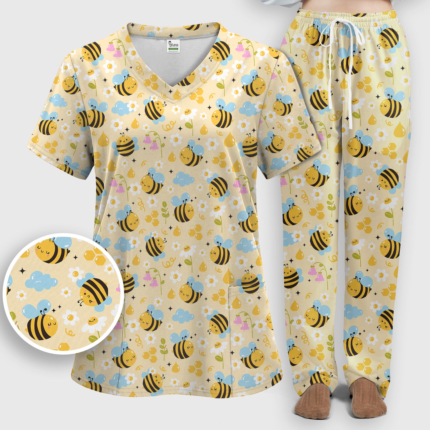 Honey Bee Flower Cloud Pattern Scrub Set, Scrub Pants and V Neck Top