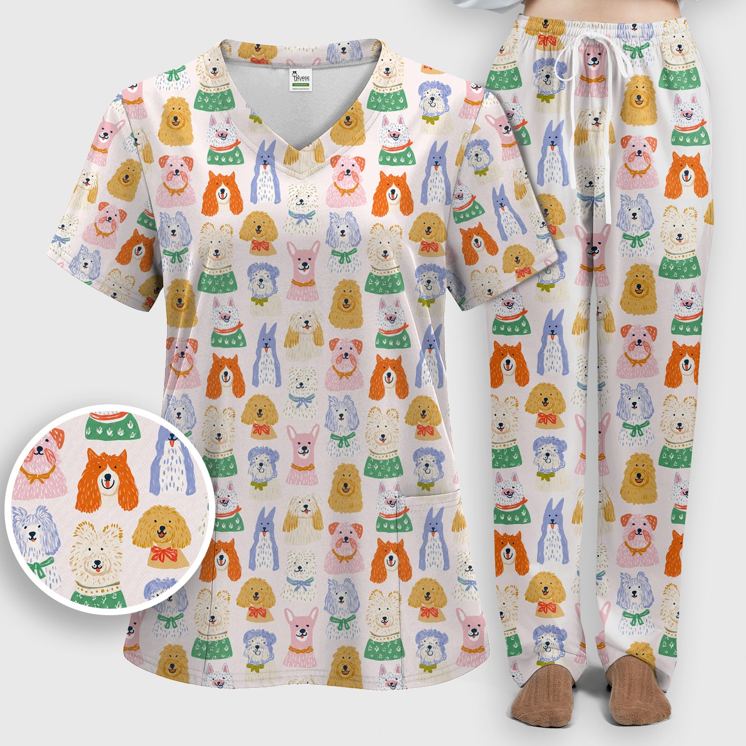 Colorful Dog Faces Cartoon Pattern Scrub Set, Scrub Pants and V Neck Top