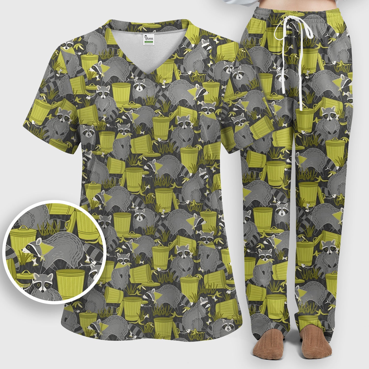 Cute Raccoon Trash Panda Pattern Scrub Set, Scrub Pants and V Neck Top