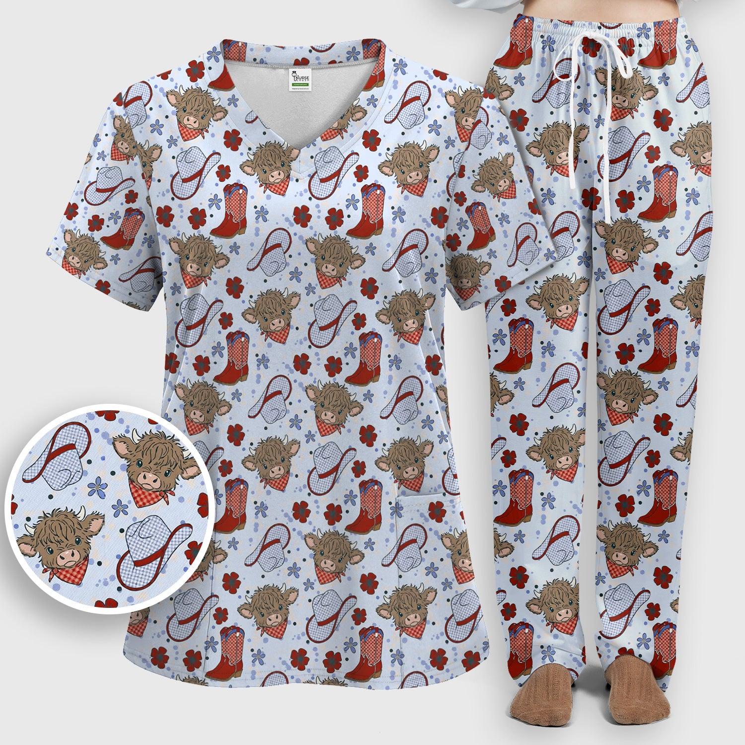 Cute Highland Cow Cowboy Boots Pattern Scrub Set, Scrub Pants and V Neck Top